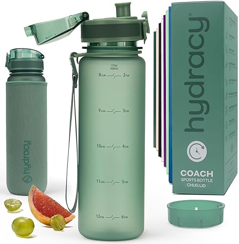 Hydracy Water Bottle with Time Marker - 500 ml 17 Oz BPA Free Water Bottle - Leak Proof & No Sweat gym Bottle with Fruit Infuser Strainer - Ideal gift for Fitness or Sports & Outdoors Moonlightgreen