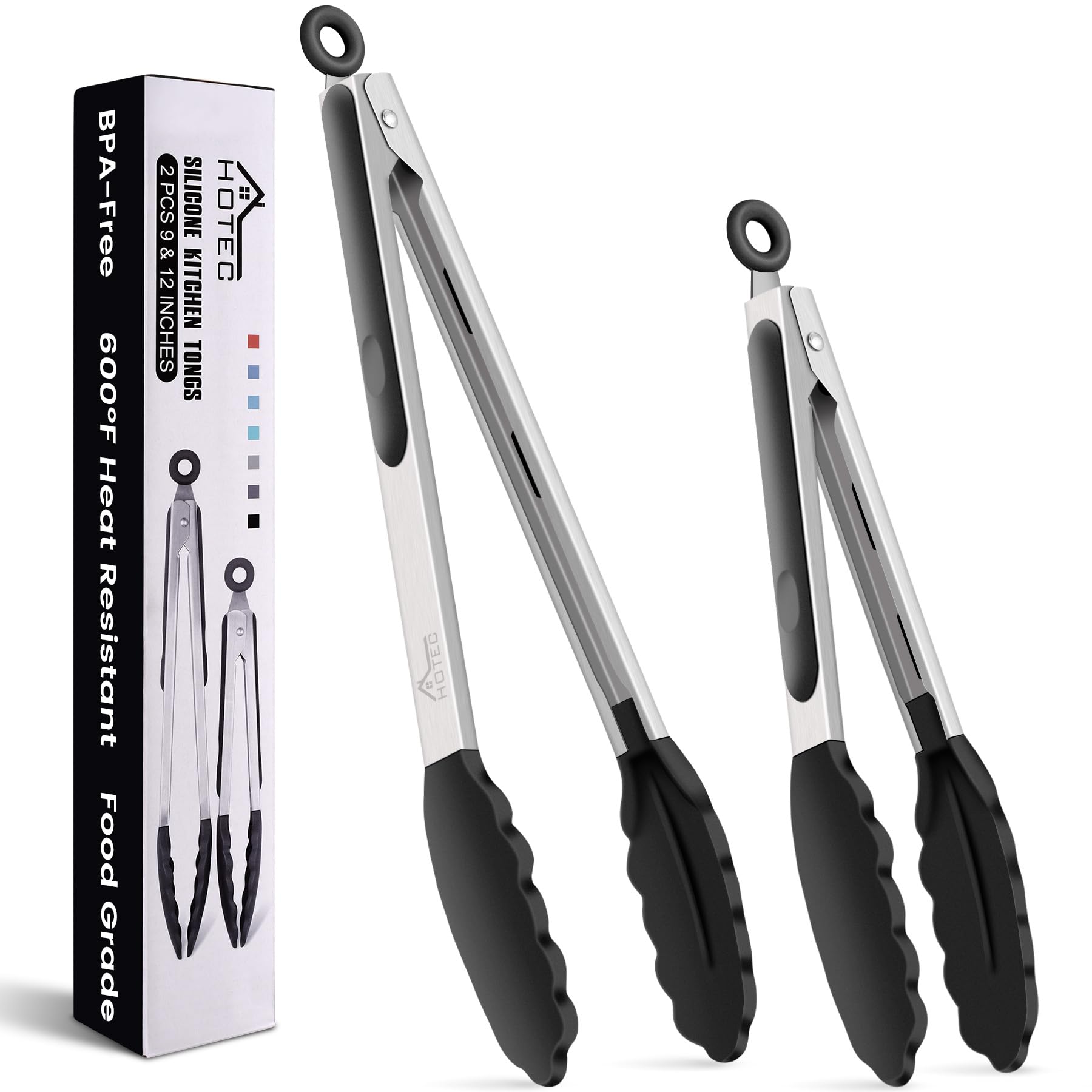 HOTEC Premium Stainless Steel Locking Kitchen Tongs with Silicon Tips  Set of 2-9'' and 12''
