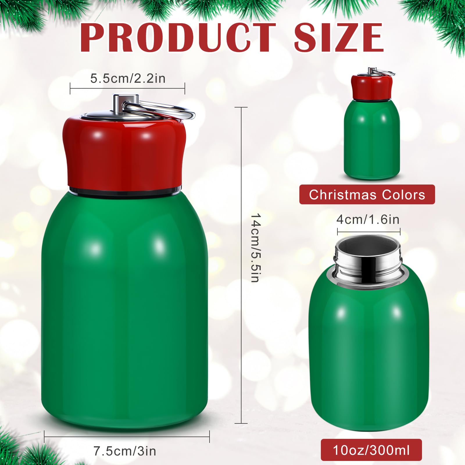 Mifoci 1 Pcs 10oz Mini Water Bottles Christmas Green Stainless Steel Slim Insulated Thermal for Hot Cold Drink Small Vacuum Port