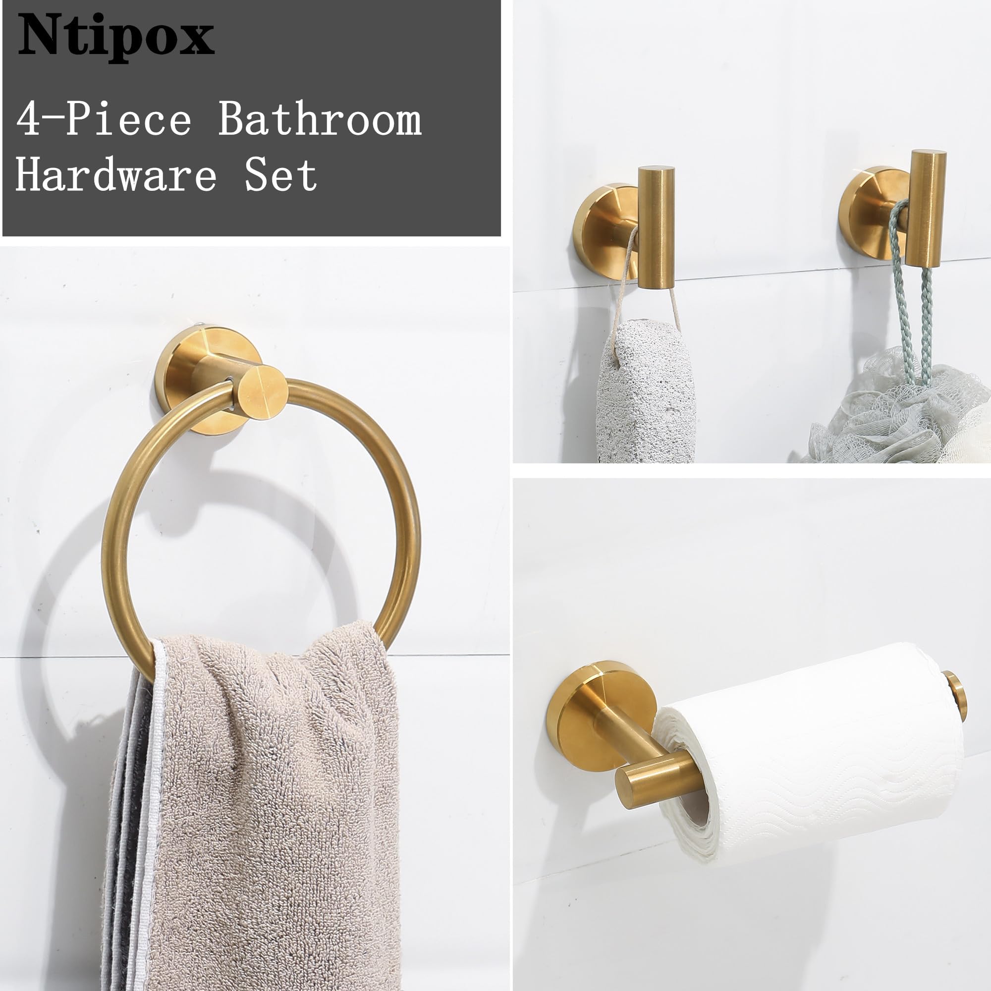 Ntipox 4 Piece Brushed Gold Stainless Steel Bathroom Hardware Set Include Hand Towel Ring  Toilet Paper Holder and 2 Robe Towel Hooks Bathroom Accessories Kit