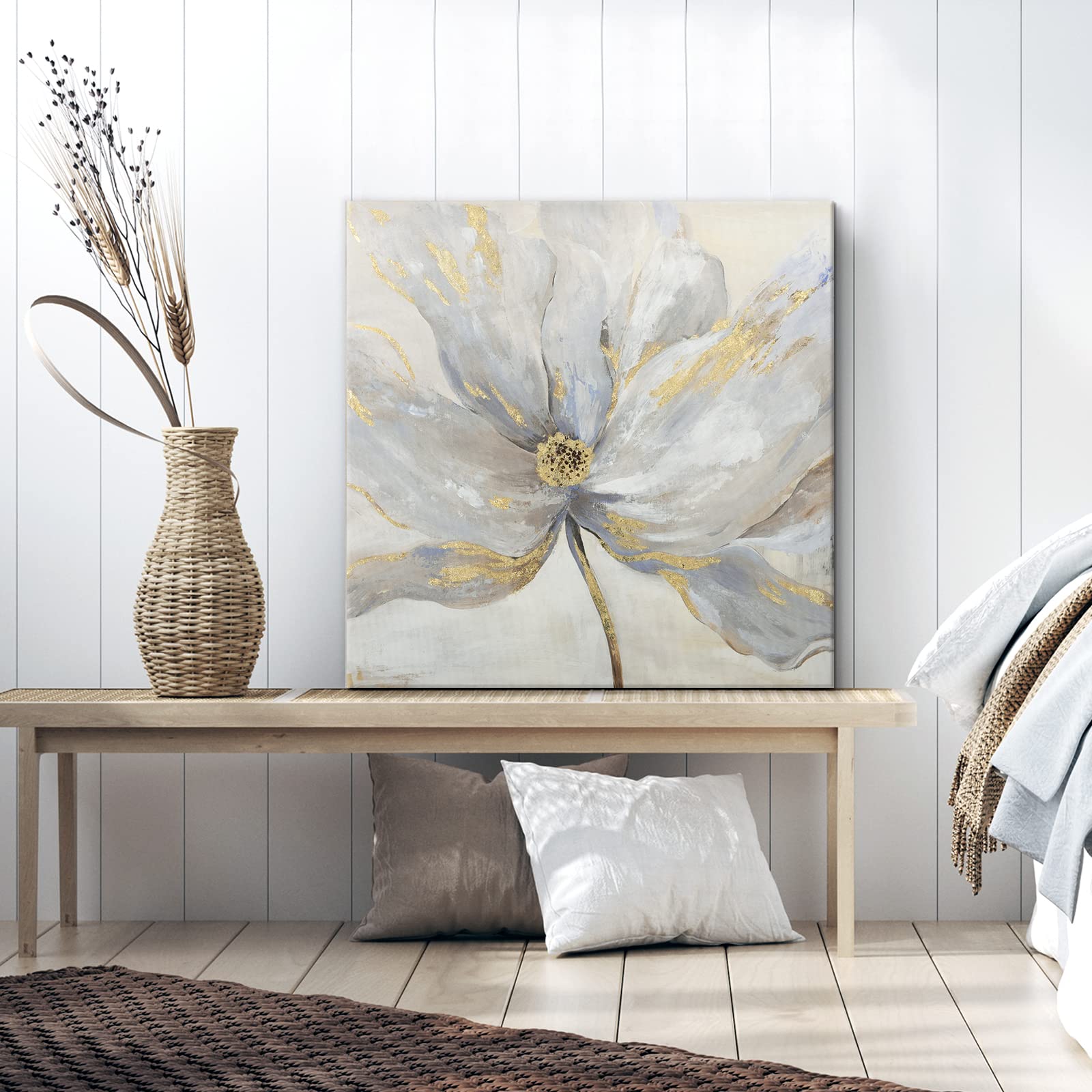 Goldfoilart Floral Wall Art Gold Flower Canvas Pictures With Foil Embellishment Painting Grey Print Framed Artwork For Bedroom B