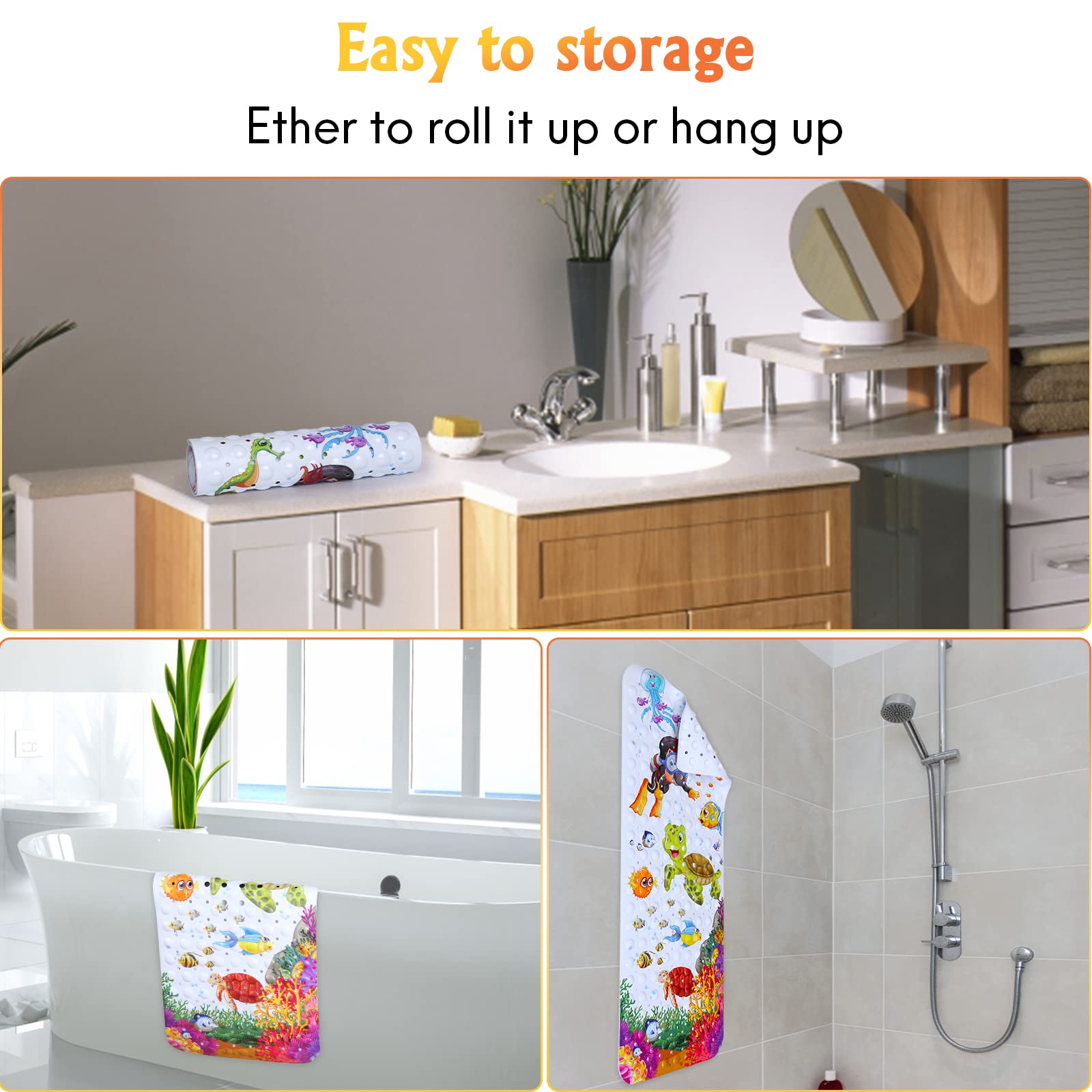 Baby Bath Mat For Tub For Kids, 27.5In X 15In Non Slip Cartoon Bath Tub Shower Mat Anti Slip With Drain Holes And Suction Cups M