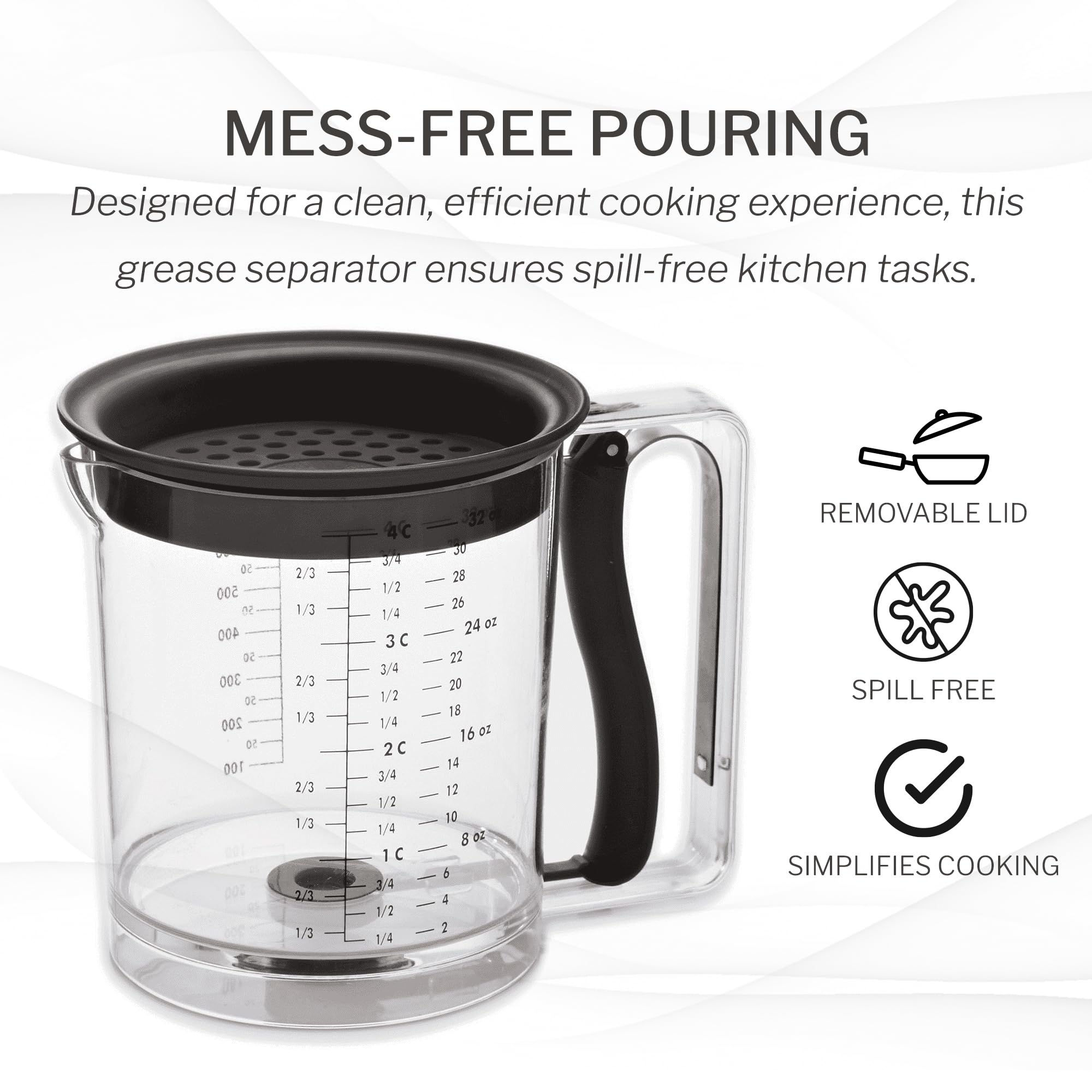 Amco 32Oz Grease Separator With Bottom Release | Dishwasher Safe | Innovative Design For Mess-Free Pouring | Incremental Measure