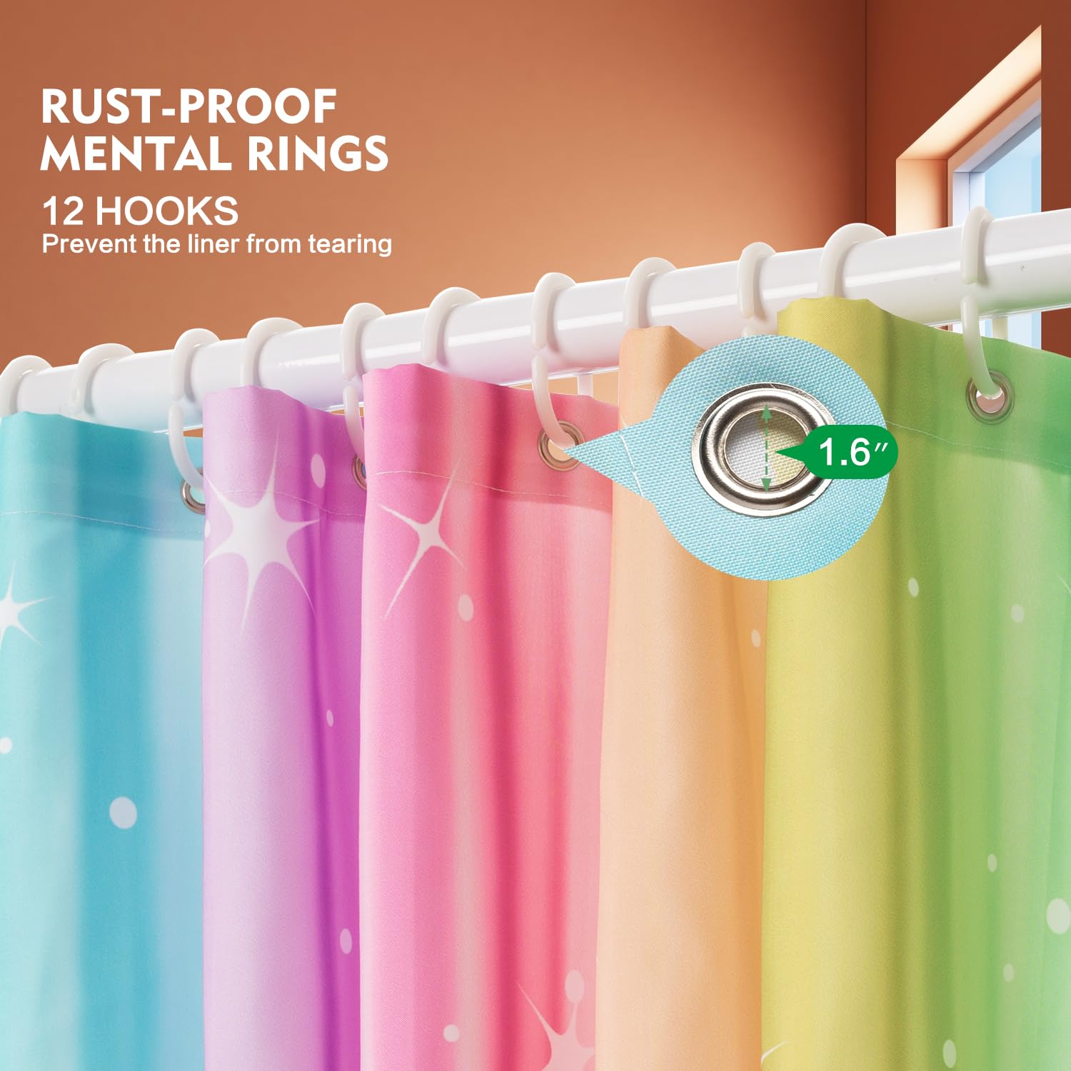 Lokigo Teal And Pink Shower Curtains For Bathroom, Ombre Colorful Cloth Fabric Shower Curtain Set With 12 Hooks, Light Blue Gree