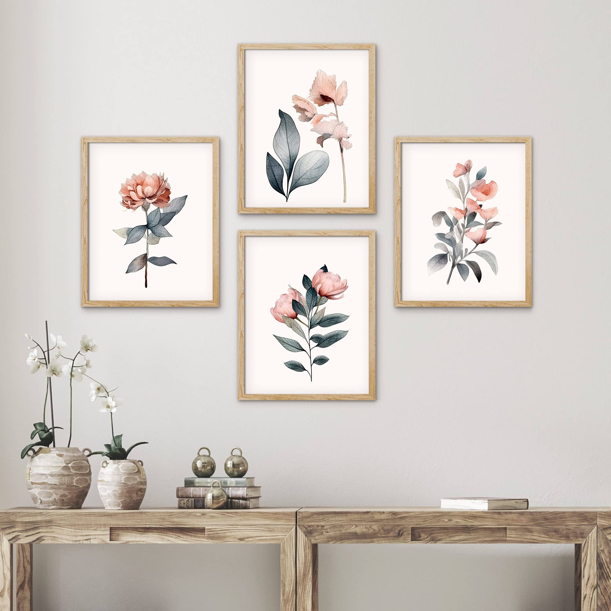 Signwin Framed Teal & Pink Pastel Rose Flowers Wall Art, Set Of 4 Nature Wilderness Wall Decor Prints, Botanical Floral Wall D