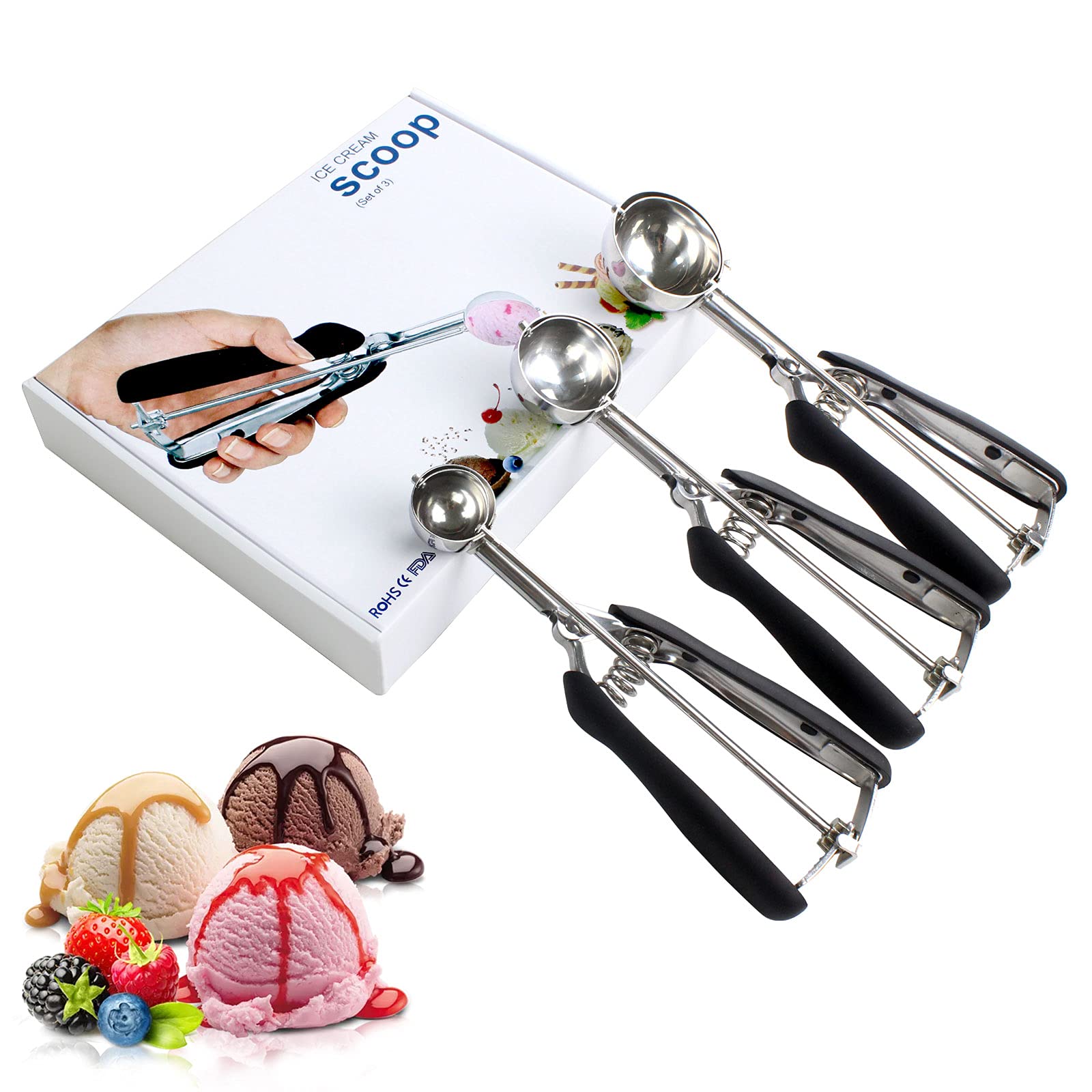 Ice Cream Cookie Scoop For Baking Set Of 3, Melon Baller Scoop Anti-Freeze Handle Stainless Steel Scooper With Trigger, Cupcake