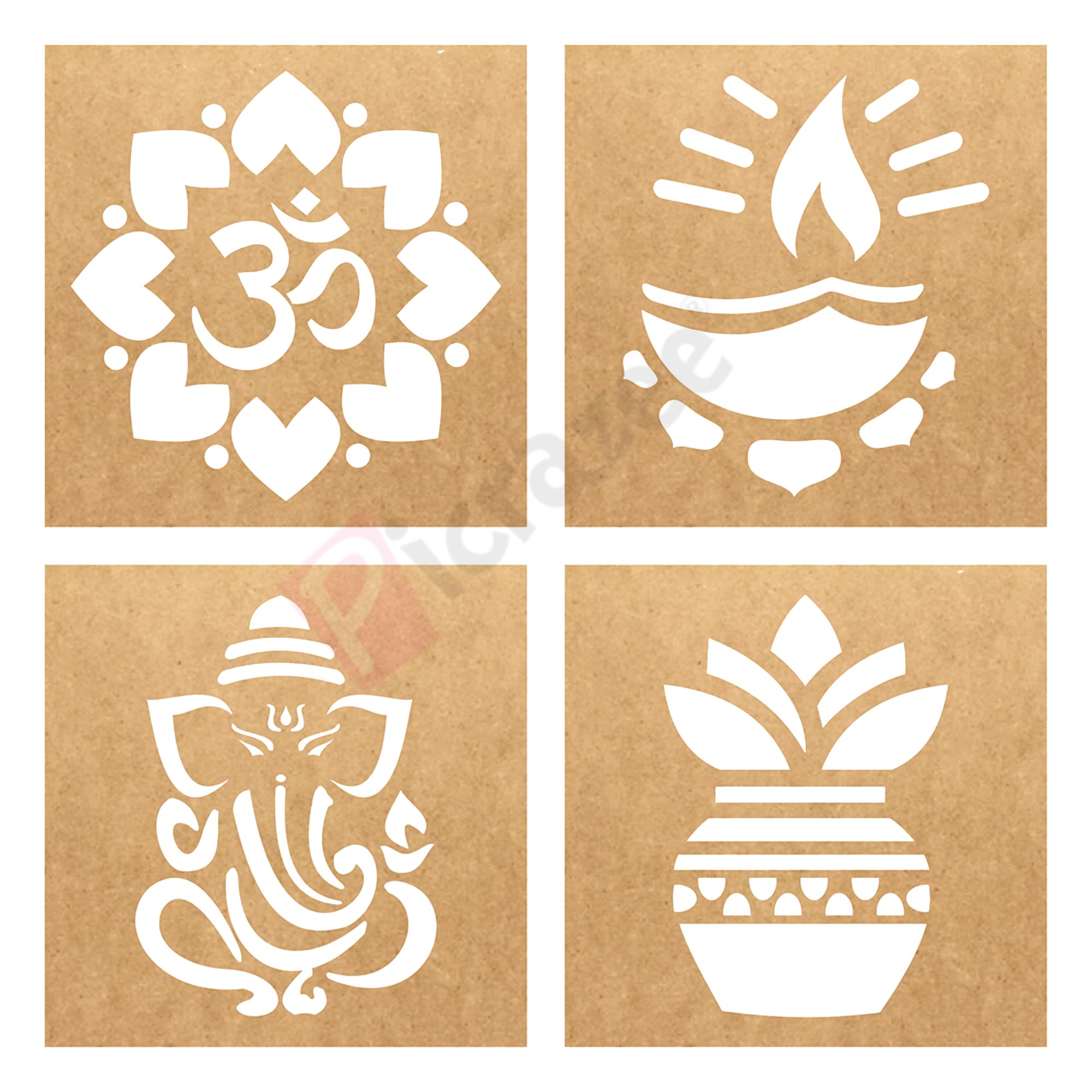 Musthaves Wooden Rangoli Stencils Set For Diwali Decoration | Home Decoration (4 Pcs, 6X6 Inches) (Wsc-96S)