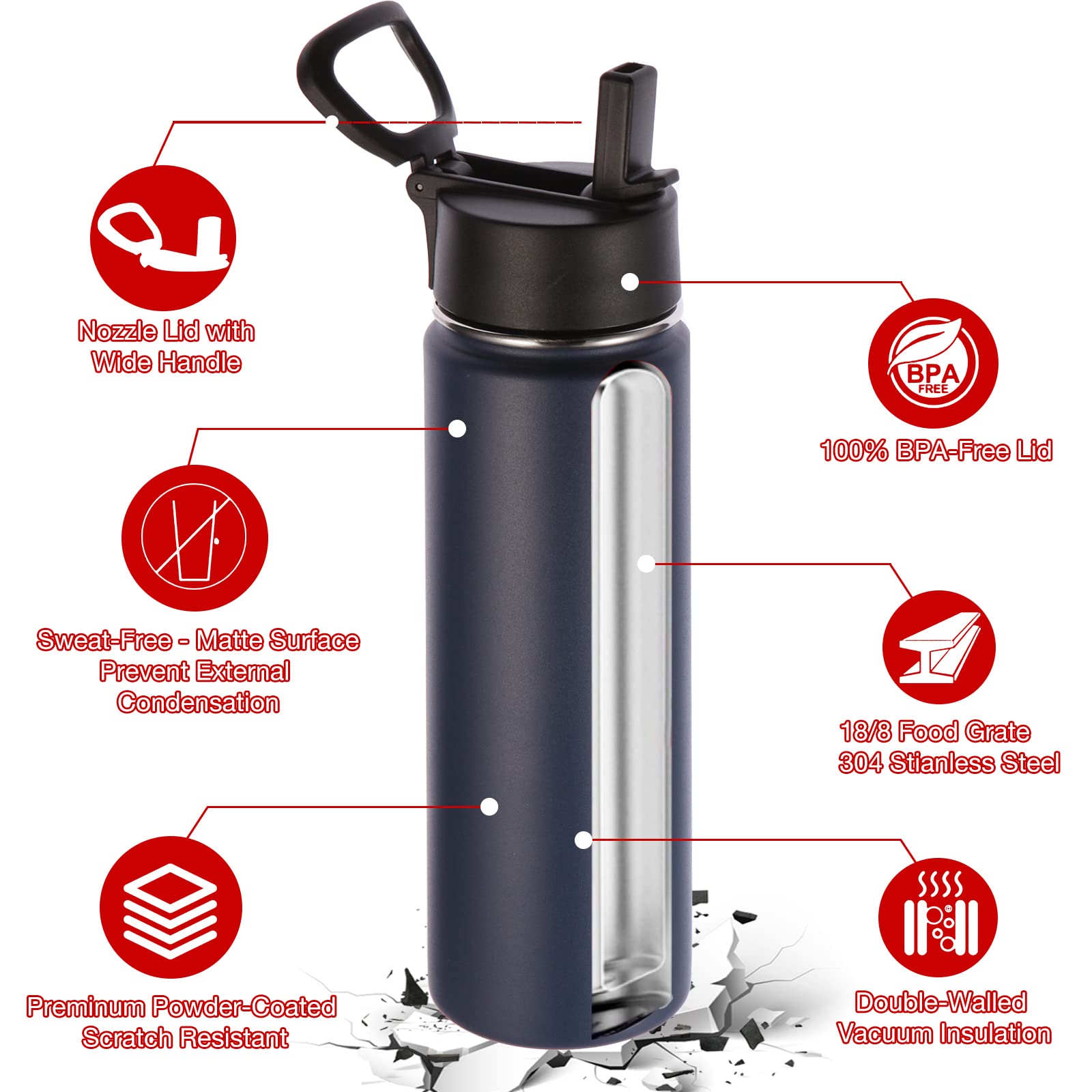 Volhoply Insulated Water Bottles With Straw Bulk 8 Pack, 22 Oz Stainless Steel Sports Bottle With Handle Lid,Double Walled Metal