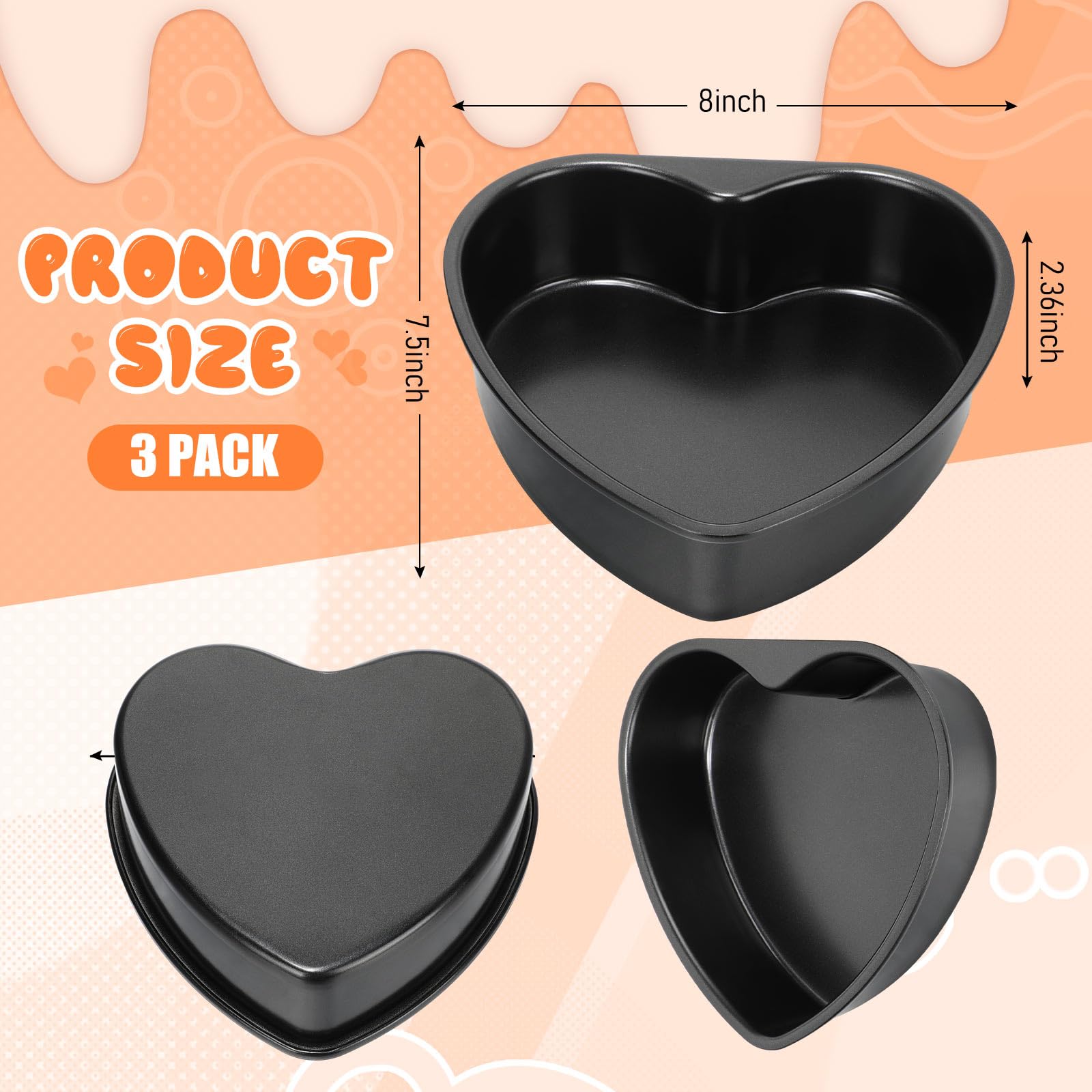 Mifoci 3 Pieces Heart Shaped Cake Pans Aluminum Cake Pans Heart Cake Mold For Baking Diy For Kitchen Wedding Party Valentine(Bla