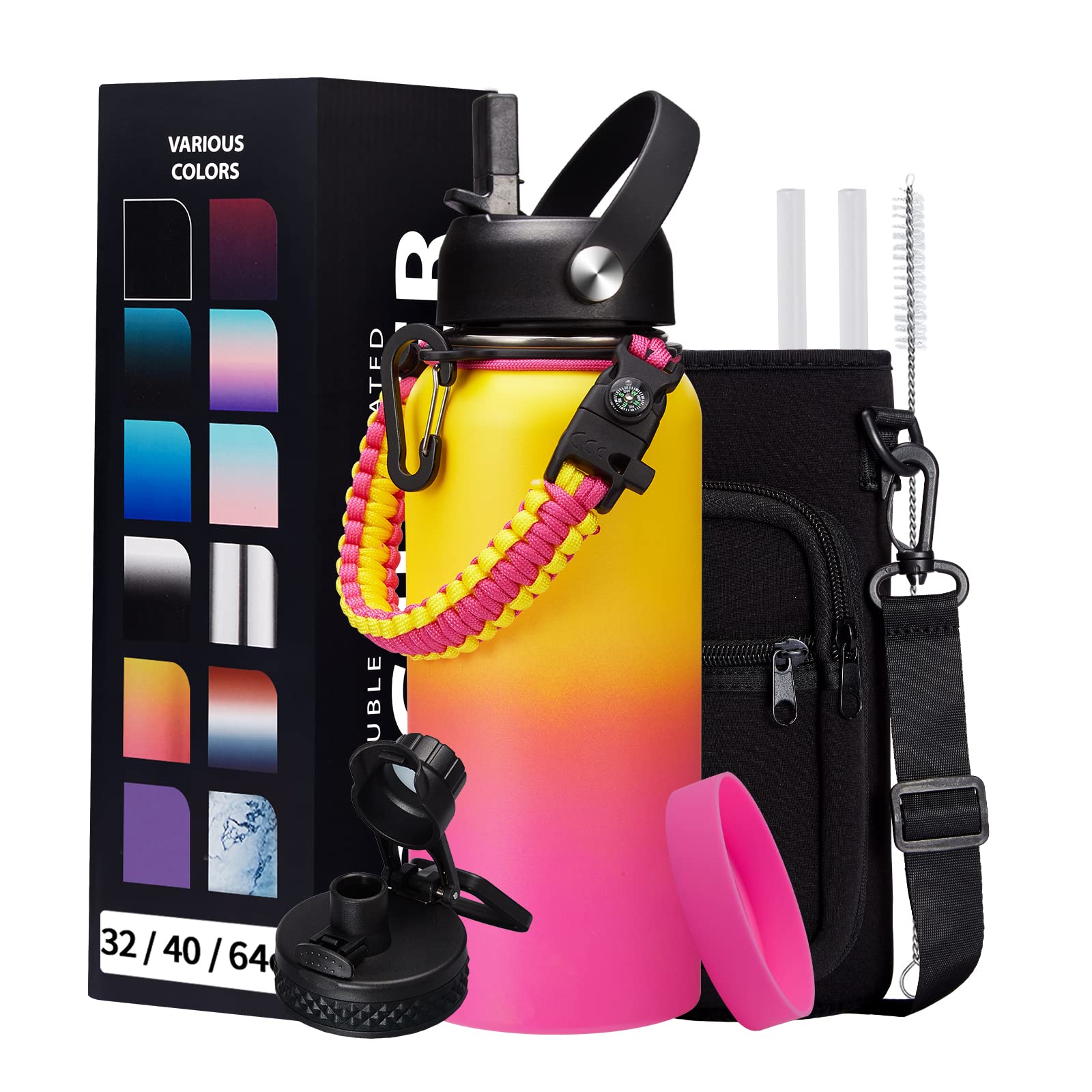 32/40/64Oz Insulated Water Bottle With Paracord Handle, Sleeve Carry Strap, Straw Spout Lid, Wide Mouth Metal Canteen Sports The