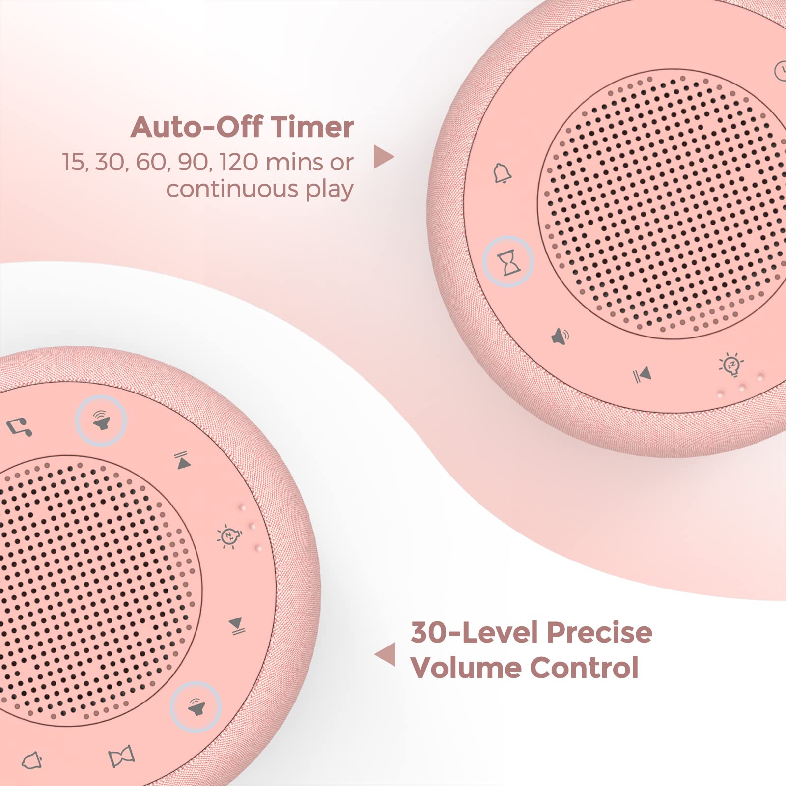 BUFFBEE Sound Machine & Alarm Clock - 2-in-1, 30-Level Volume Control, Sleep Timer, Pink, Model BK11P