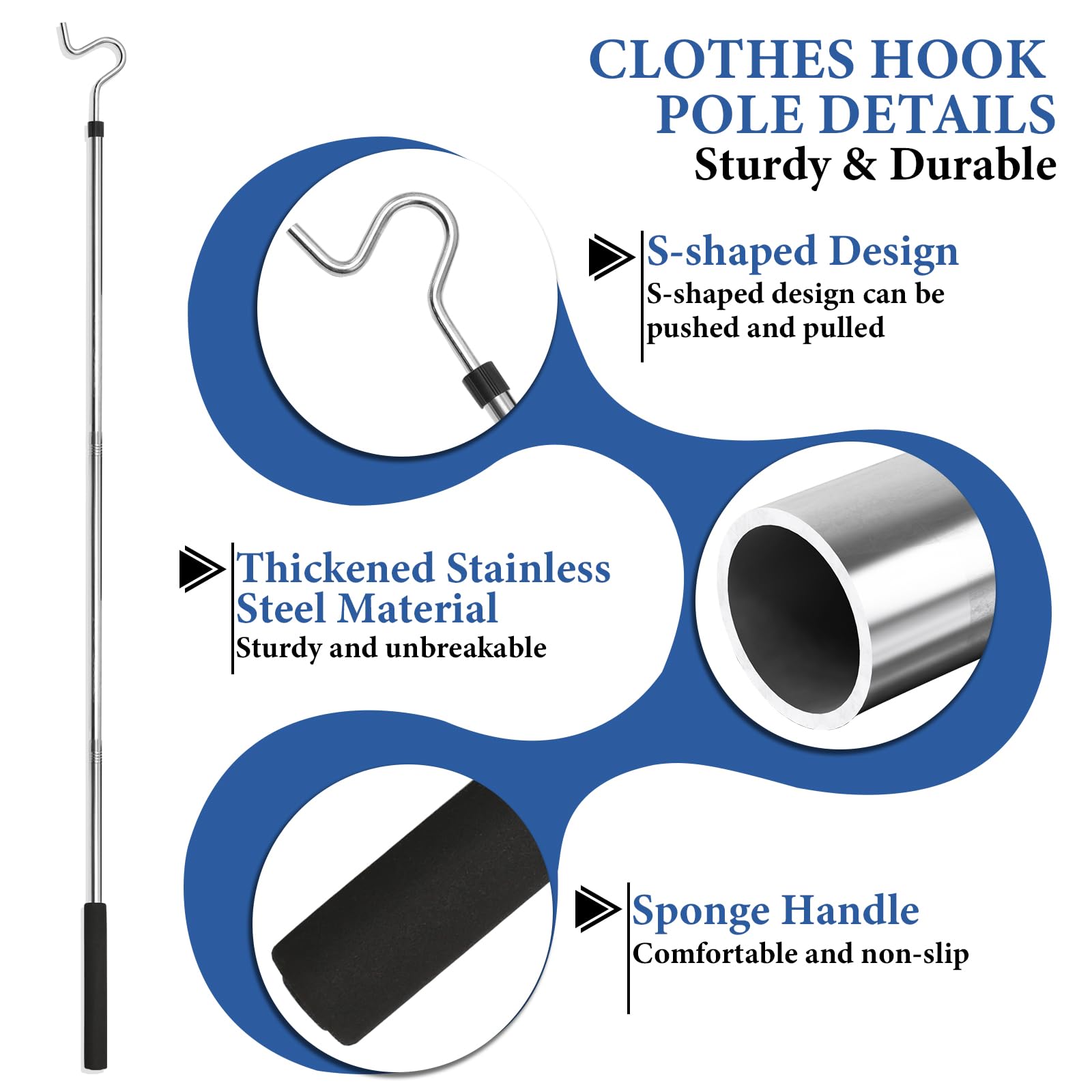 Greeily Clothes Hook Pole, Clothes Hanger Reaching Hook For Hanging Clothes Light And Plants Extendable From 35'' To 50'' Made O