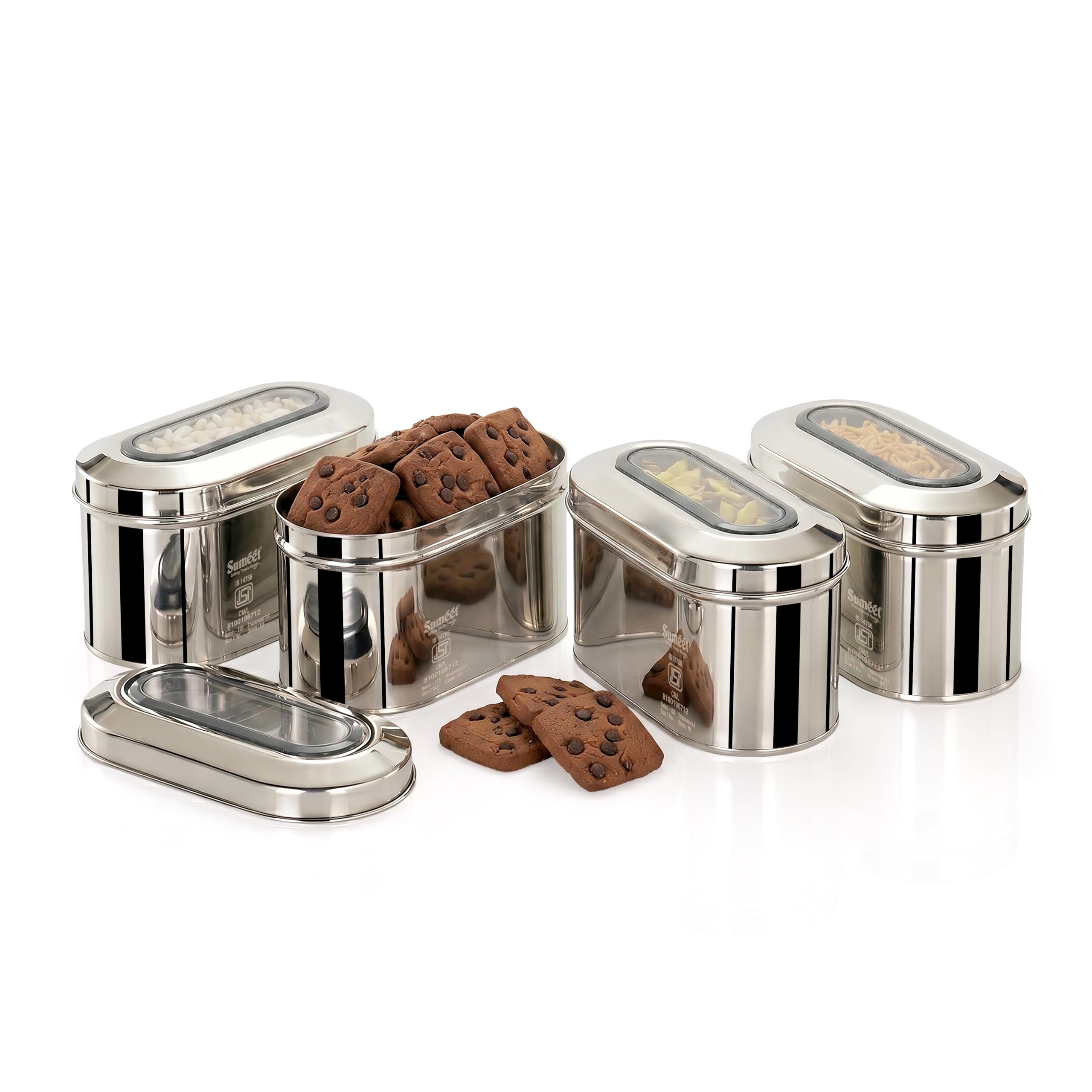 Sumeet Isi Certified Stainless Steel Capsul Canister Container For Kitchen Storage With See Through Lid - Set Of 4 Pcs - 1150Ml - Silver