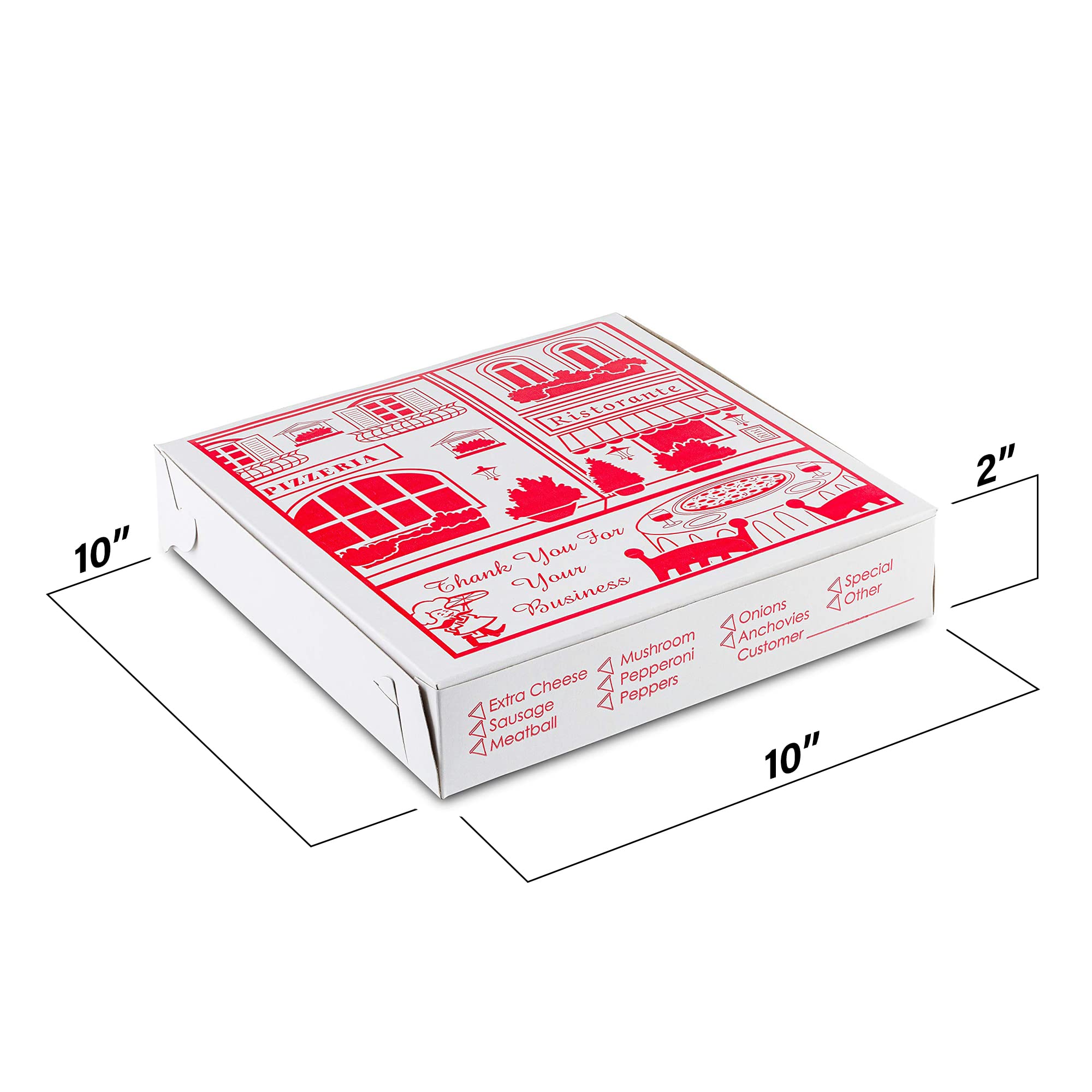 MT Products 10'' Length x 10'' Width x 2'' Depth Lock Corner Clay Coated Thin Pizza Box (10 Pieces) - Made in The USA