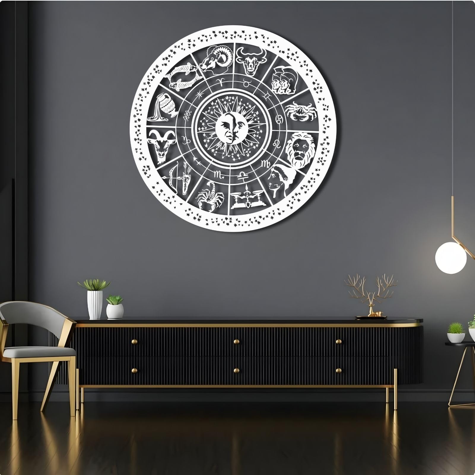 KingGenius Vintage Zodiac Signs Wall Hanging,Metal Wall Zodiac Sign,Astral Chart Sign, Horoscope Gift,Furniture Decor (White, 23