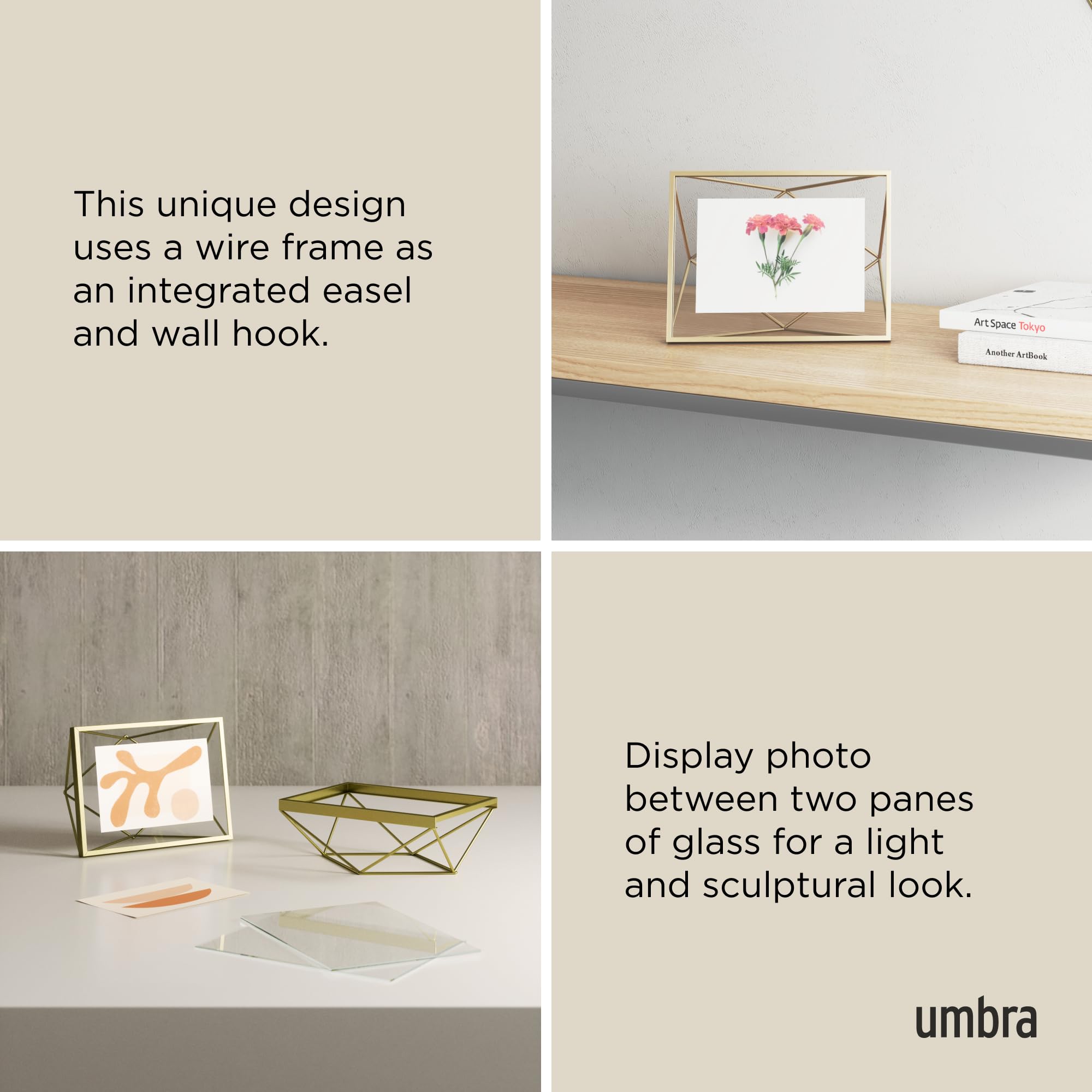 Umbra Prisma Picture Frame, 4x6 Metal Photo Display for Desk or Wall, 4 x 6, Brass