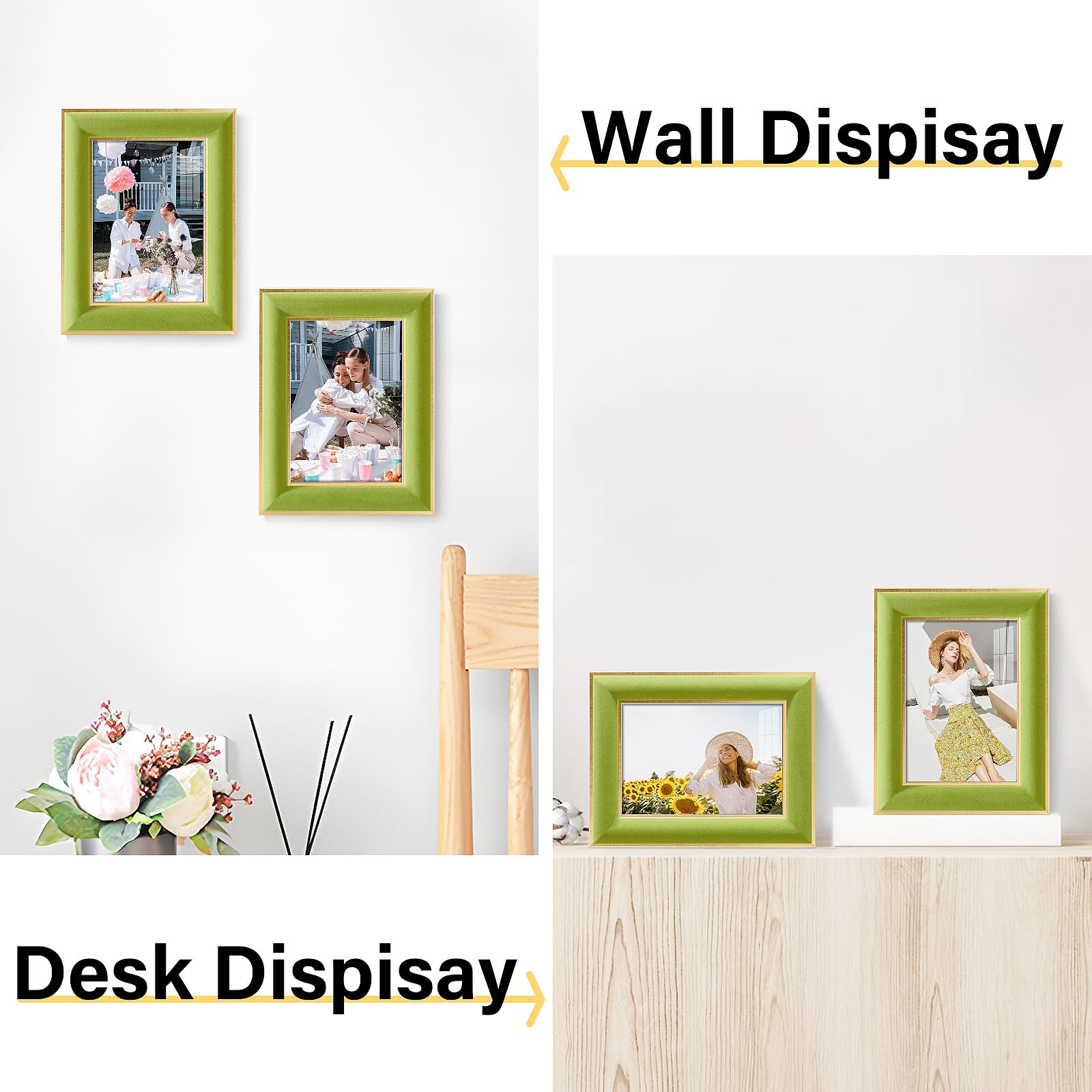 KSROECUD 5x7 Velvet Picture Frame, Light Green Photo Frames with Modern Simple Metallic Gold Border, HD Real Glass Horizontal &