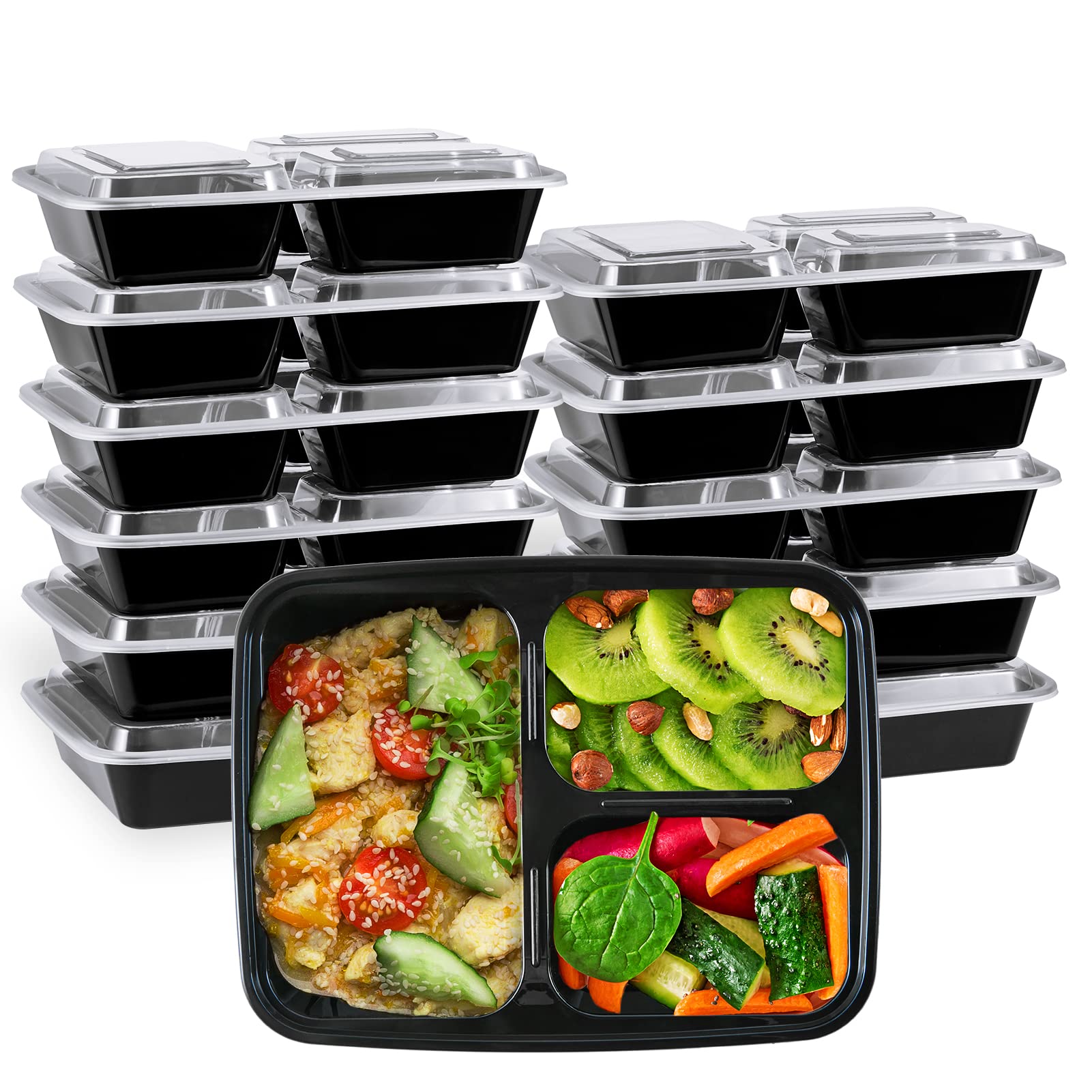 Muchii 32 Oz 3 Compartment Meal Prep Containers With Lids, [20 Pack] To Go Containers With Lids,Plastic Disposable Food Containe