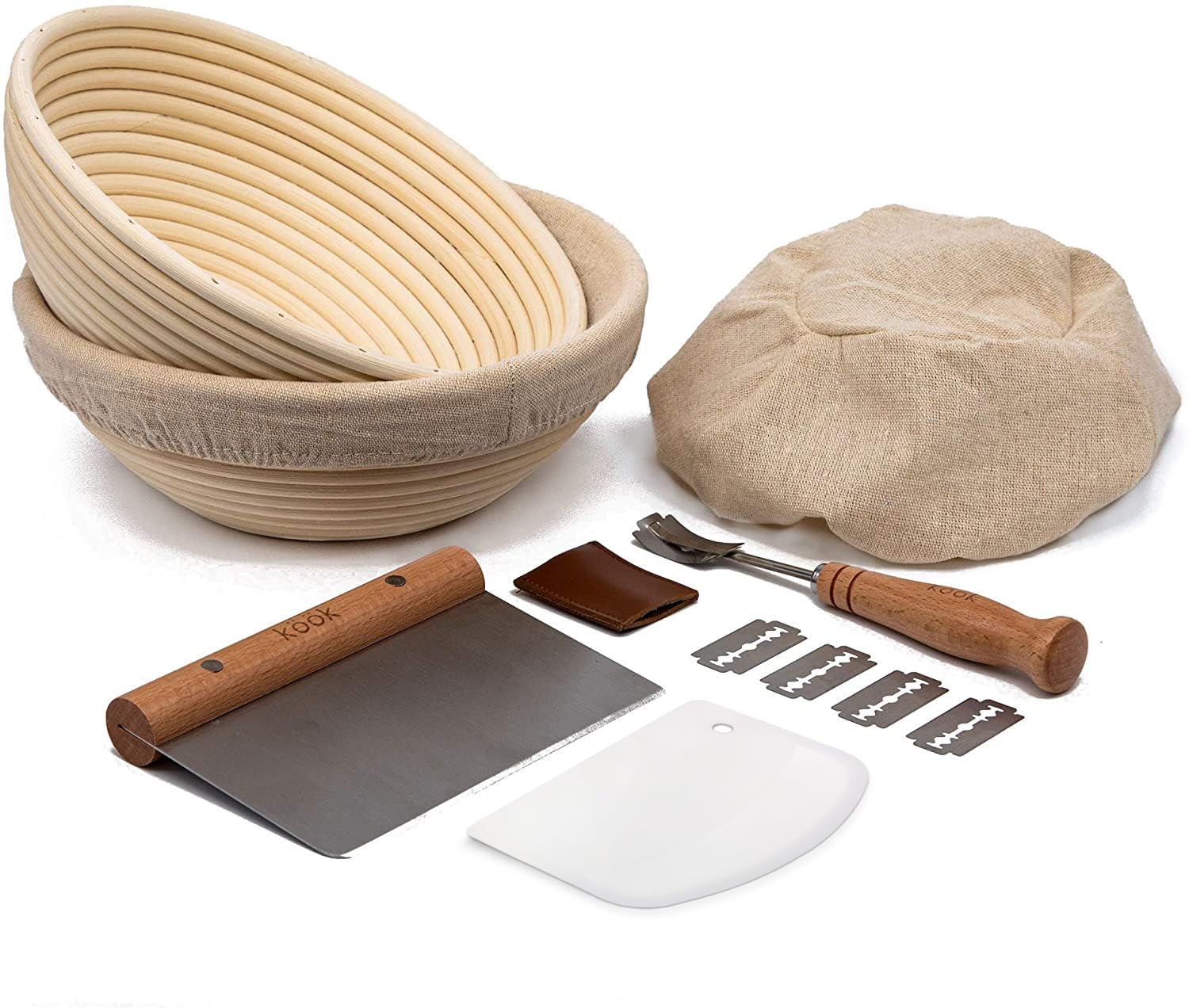 Proofing Set, By Kook, Sourdough Bread, 2 Rattan 9 Inch Banneton Baskets, 2 Basket Covers, Metal Scraper, Plastic Scraper, Scori