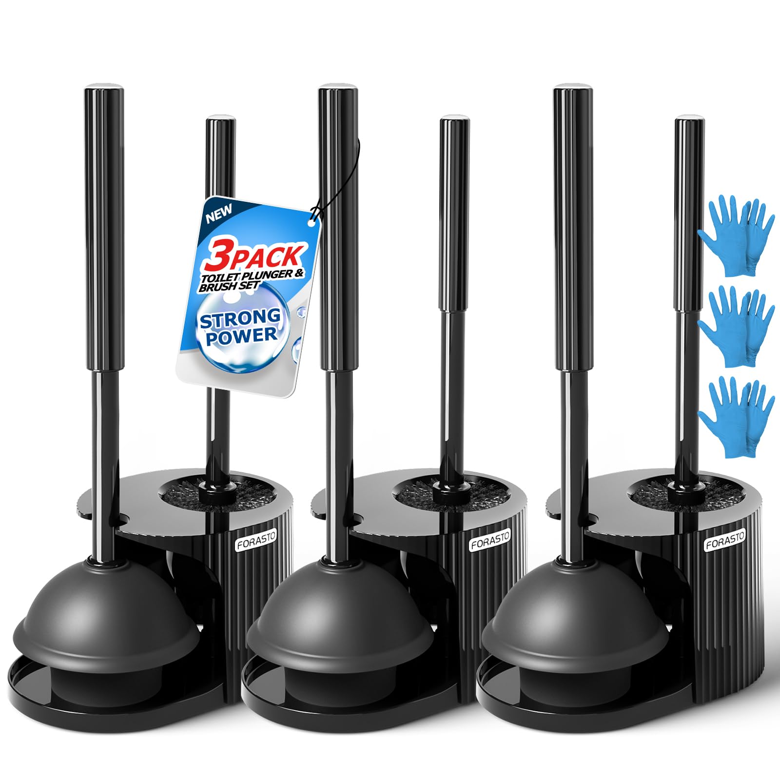 FORASTO 3Pack 2 in 1 Toilet Brush and Plunger Set, Extended Handle Plunger,Toilet Bowl Brush Plunger Set,Bathroom Cleaning Tools