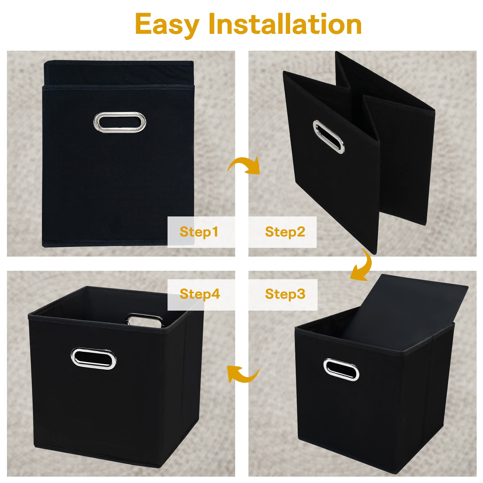 Yunkeeper 11 Inch Foldable Storage Bins ,Black Fabric Cubes Organizer Baskets With Handle For Closet Or Collapsible Box, 11X11X1