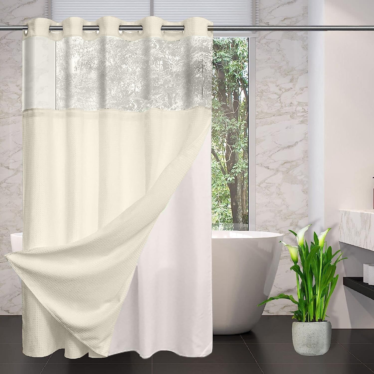 Cypl No Hooks Required Long Waffle Weave Shower Curtain With Snap In Liner-Hotel Grade Waterproof & Mesh Top Window Spa Like Bat