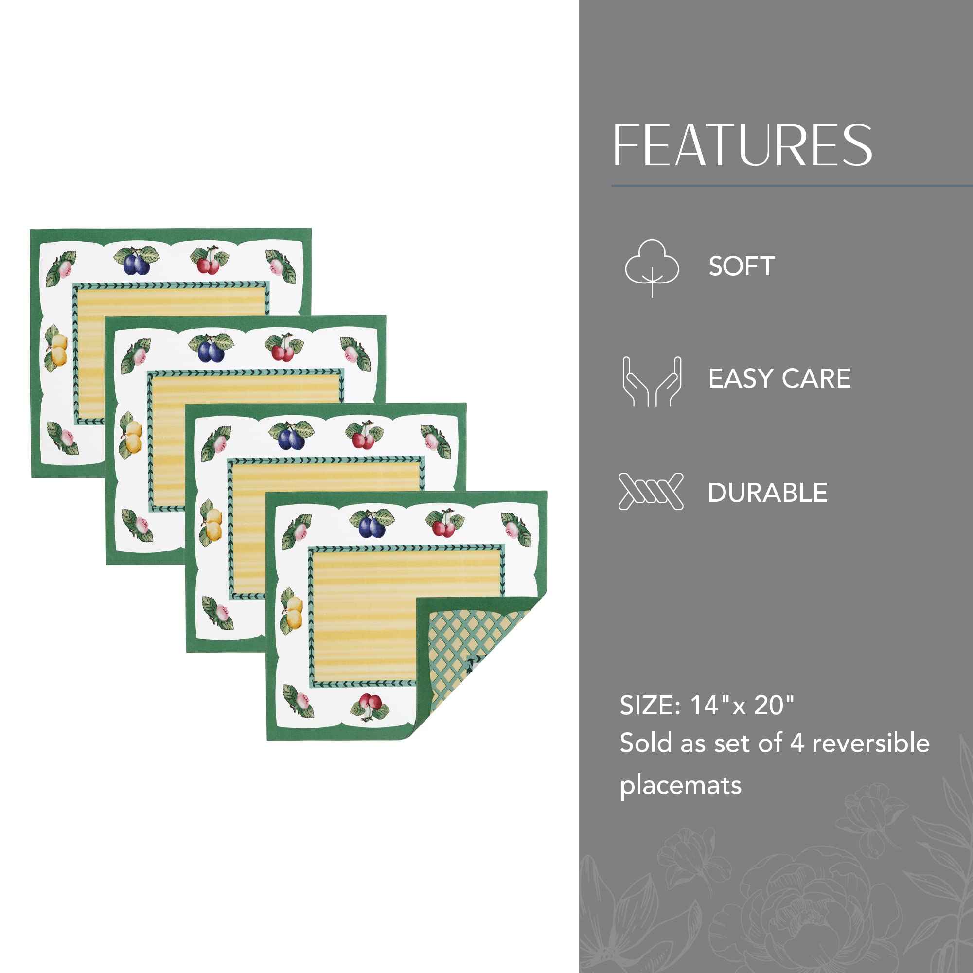 Villeroy & Boch French Garden Reversible Placemats, Rectangle Placemats For Dining Tables, 14'' X 20'', Set Of 4