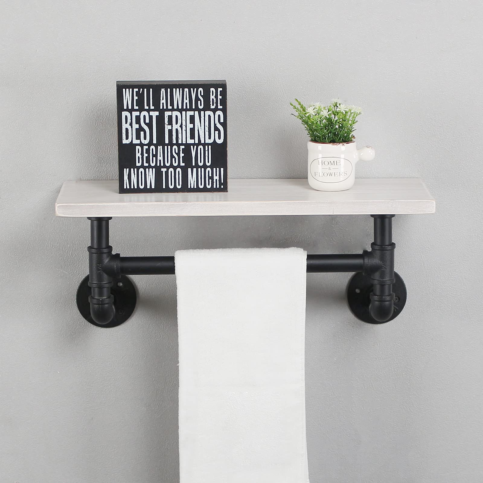 MBQQ Industrial Pipe Shelf Bathroom Shelves Wall Mounted 19.6in Rustic Wood Shelf with Towel Bar 1 Tier Farmhouse Towel Rack Pipe Shelving Floating Shelves Towel Holder Black & White