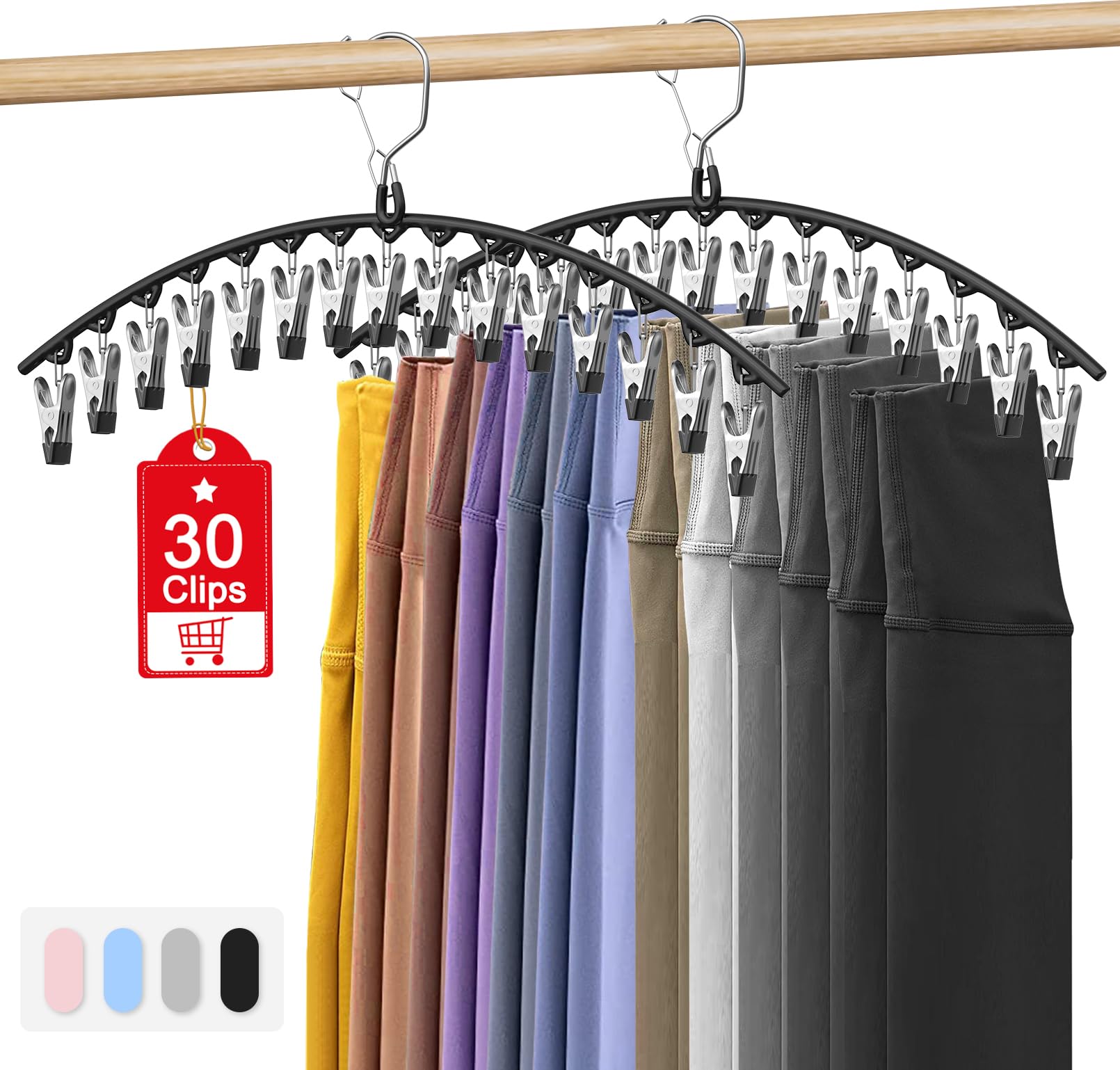 Upgrade Skirt Pants Hangers With Clips, Legging Organizer For Closet Hanging With 15 Cilps Holds 30 Leggings/Shorts/Jeans/Skirts