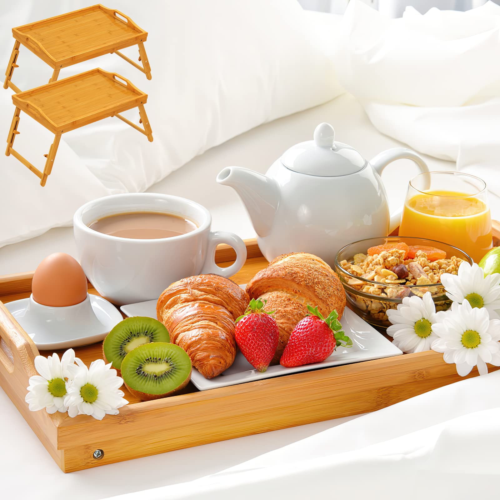 2 Pack Breakfast Bed Tray For Eating - Raised Food Table Up To 9.5'' On Lap Sofa - Adjustable Bamboo Serving Tray - Portable Sna