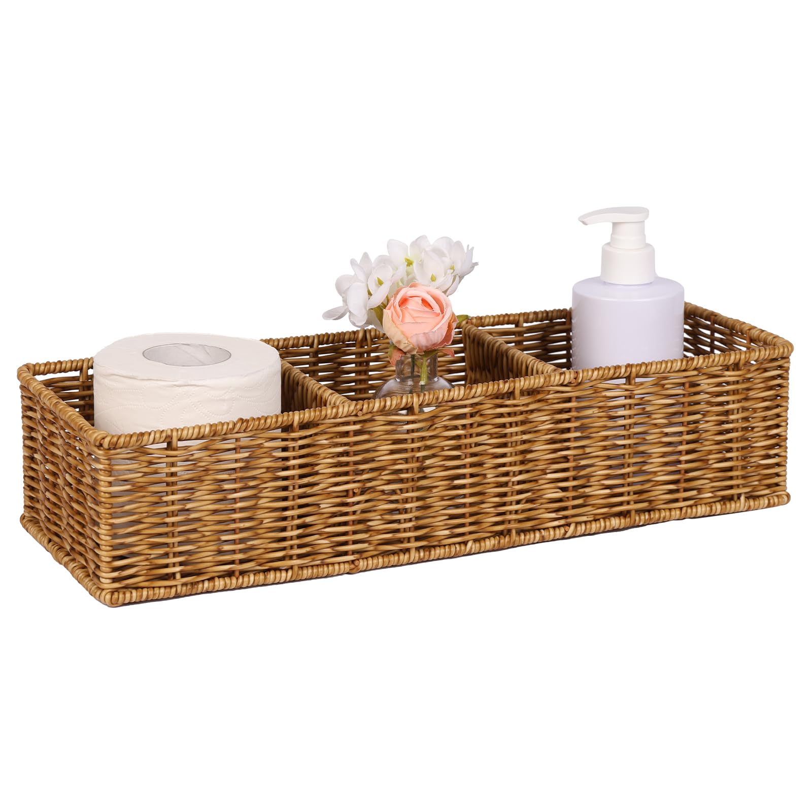 Wicker Toilet Paper Basket: 3 Water-resistant Compartments Organizer - Extra-Large Storage for Bulk Rolls & Toiletries (Farmhous