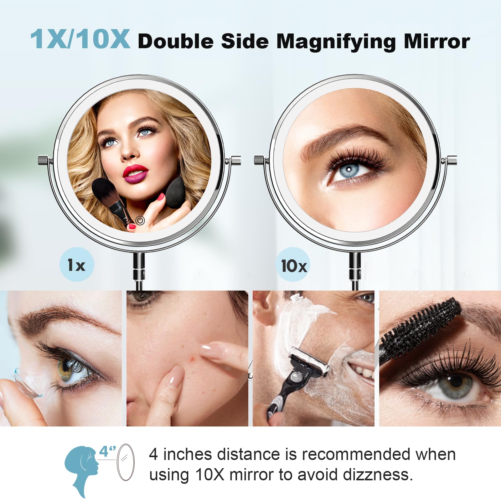 Rechargeable Wall Mounted Makeup Mirror - 8 Inch Double Sided 1X/10X Magnifying Mirror With 3 Color Lights Dimmable Touch Screen