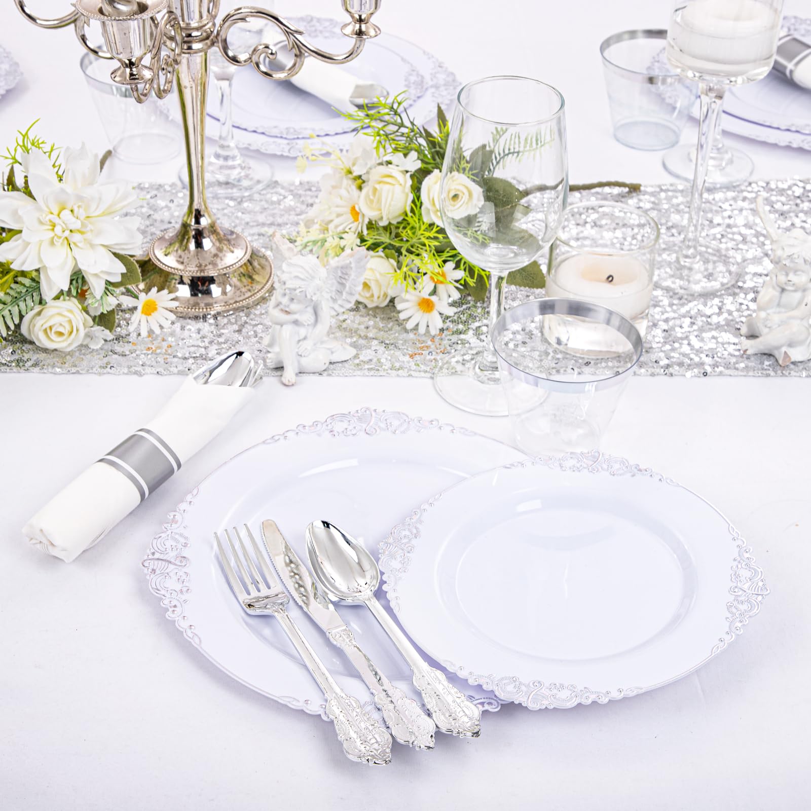 Liacere 350Pcs Silver Plastic Plates&Pre Rolled Napkins For 50 Guests - Plastic Dinnerware Sets 100Silver Disposable Plates, 150