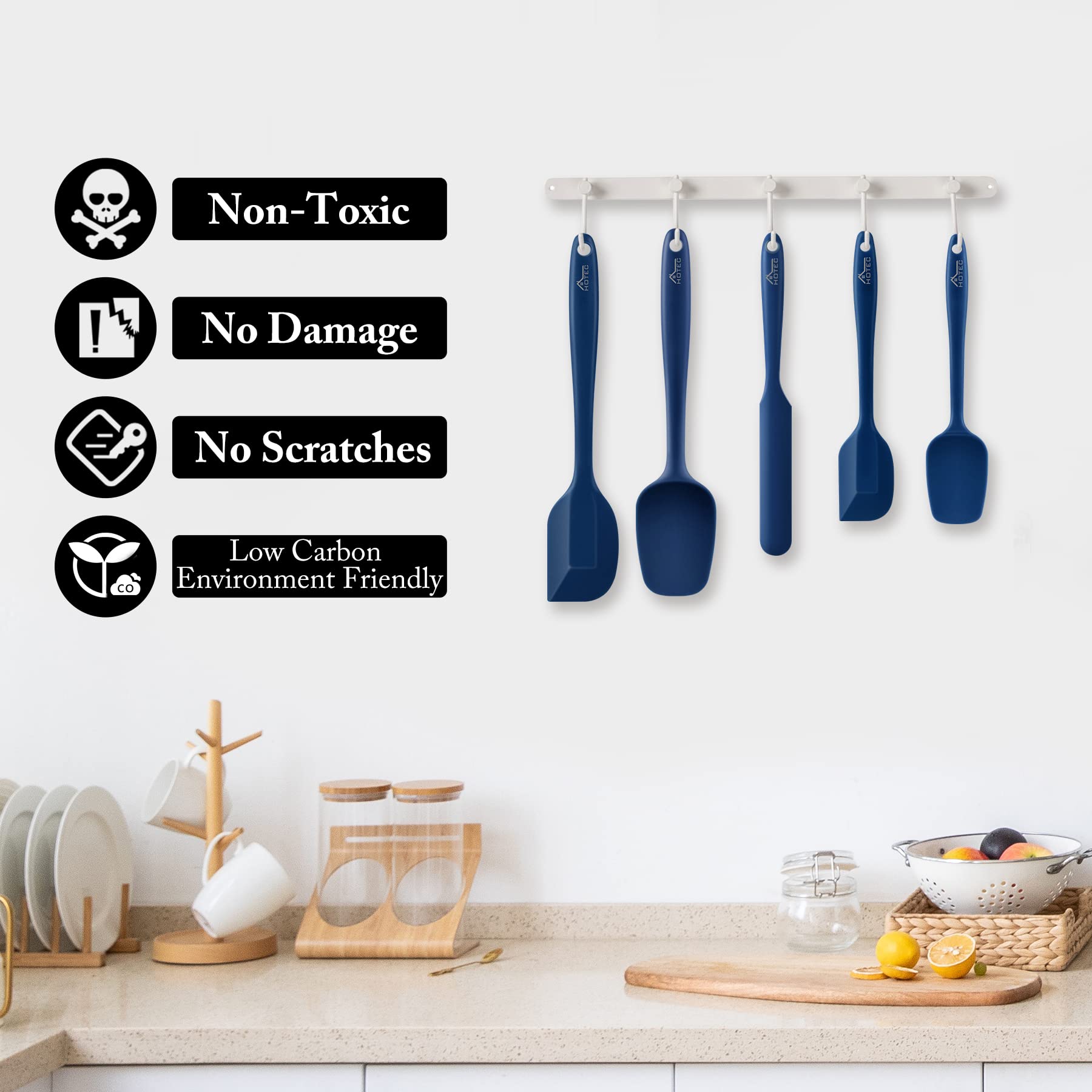 HOTEC Food Grade Silicone Rubber Spatula Set Kitchen Utensils for Baking  Cooking  and Mixing High Heat Resistant Non Stick Dishwasher Safe BPA-Free Classic Blue Set of 5