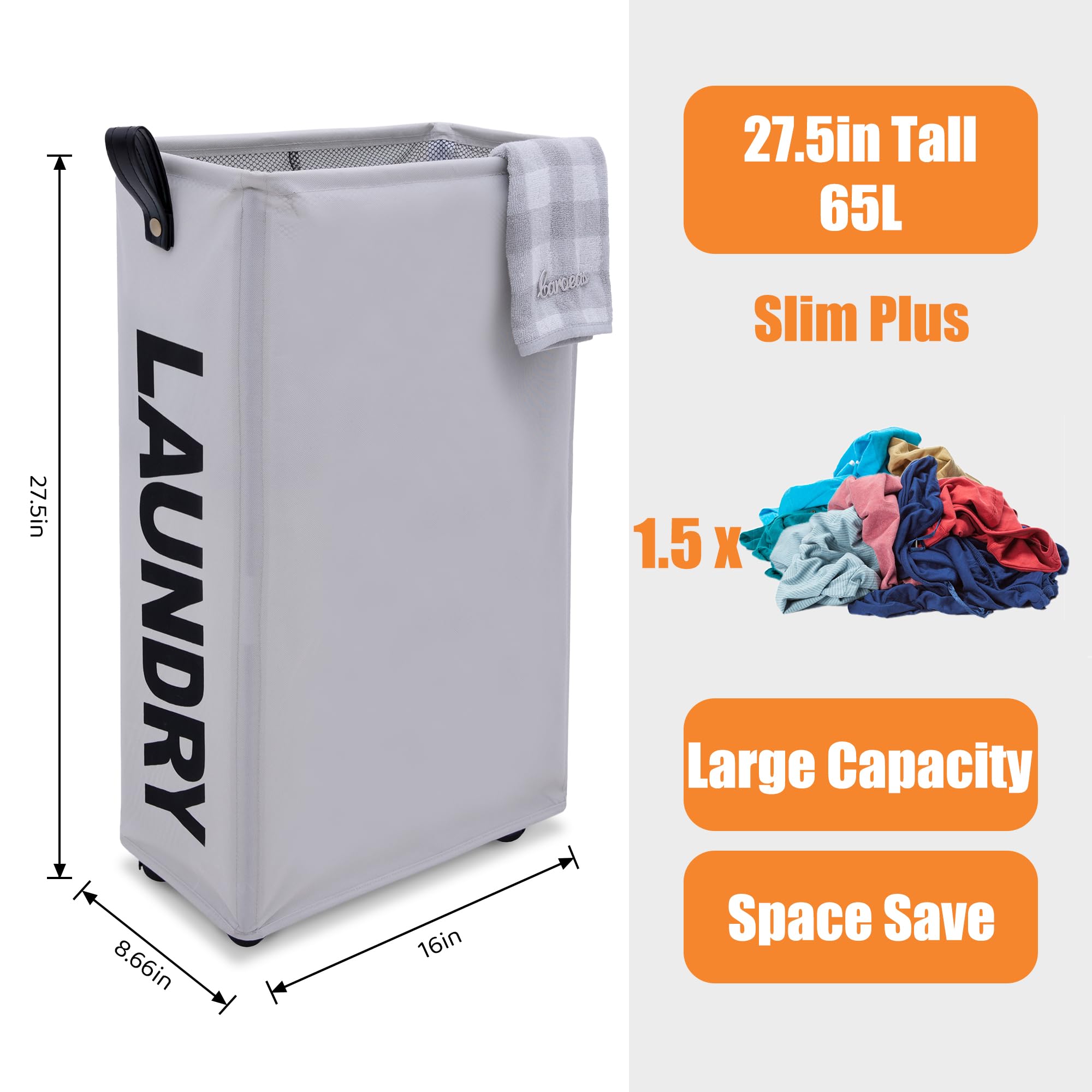 Caroeas X-Large Slim Laundry Baskets 65L Tall With Leather Handle, Laundry Basket On Wheels, Collapsible Laundry Hamper, Rolling