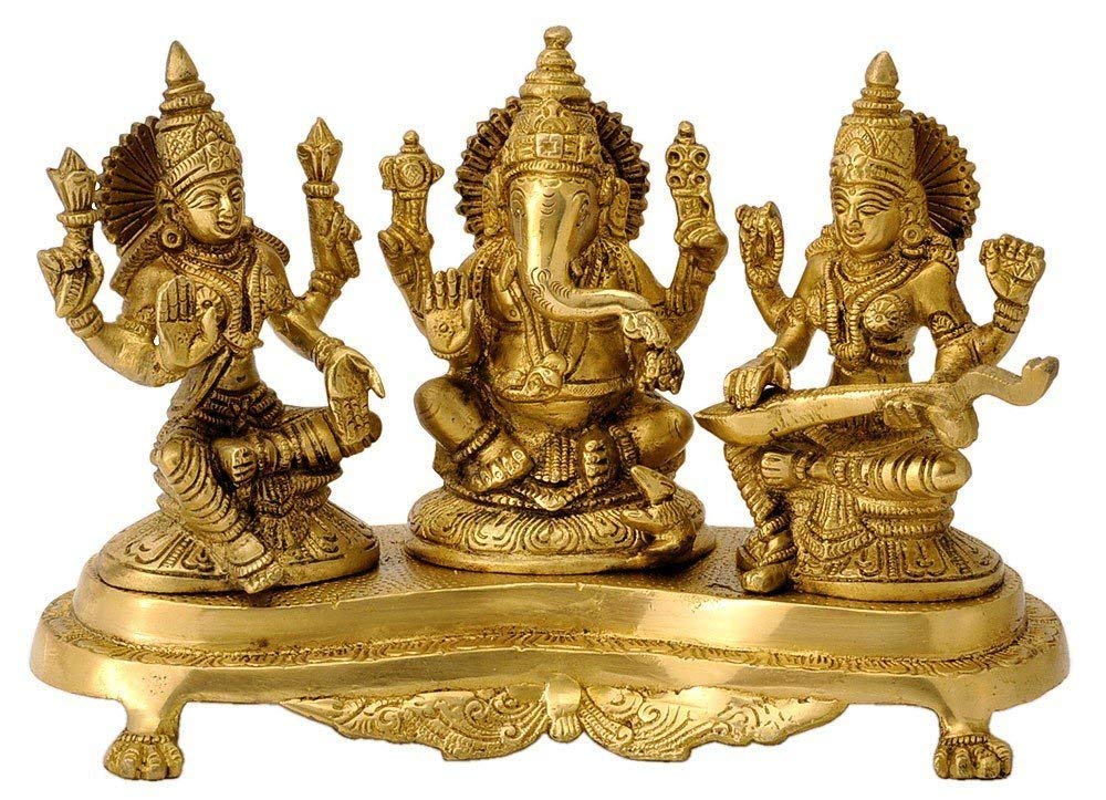Kartique Brass Laxmi Ganesh Saraswati Idol | Ganesha Statue | Ganpati Murti | For Home Decor | Gift | (Gold)