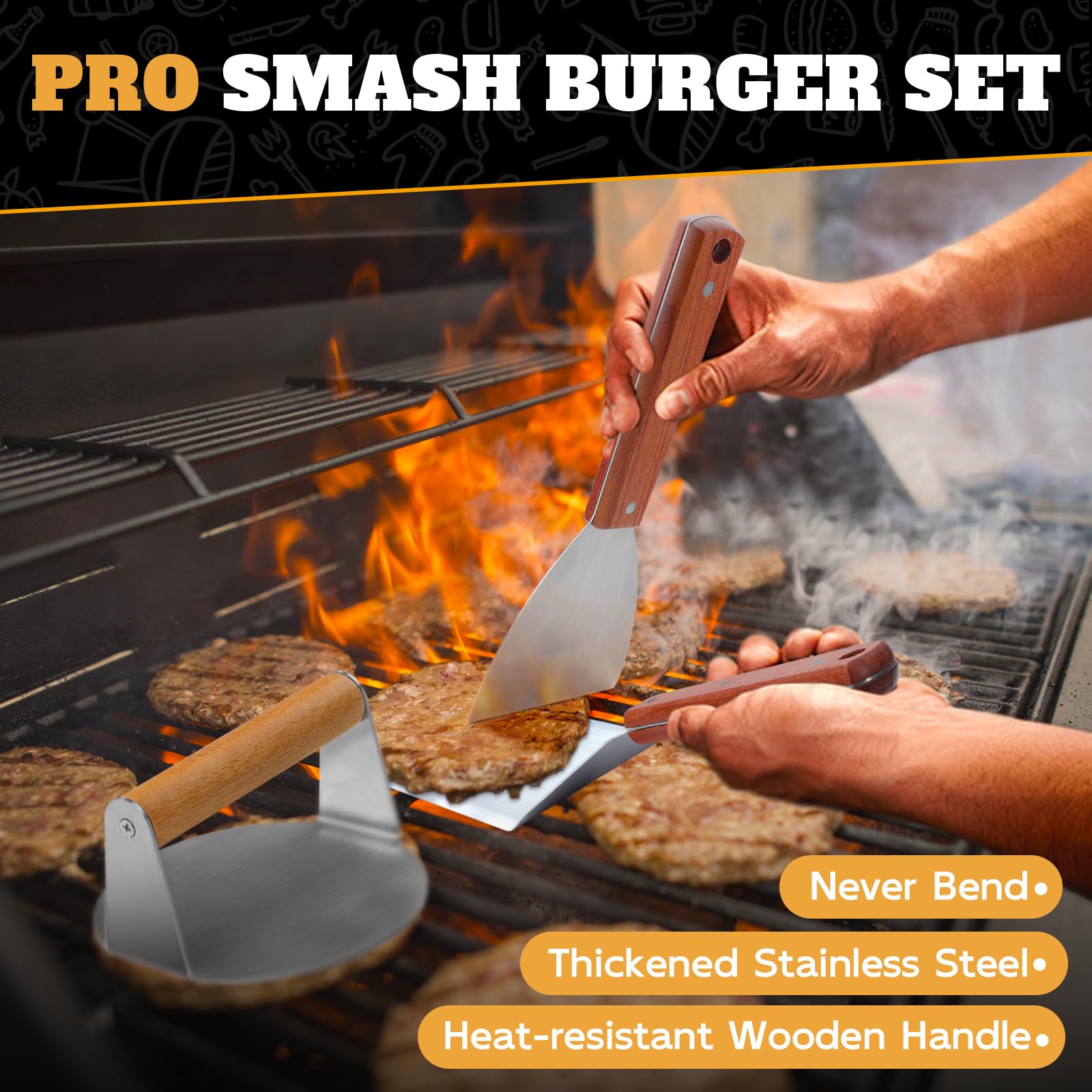 Purplebird Smash Burger Press Kit 3Pcs Set, Stainless Griddle Spatulas Set With Professional Burger Smasher For Griddle, Heavy D