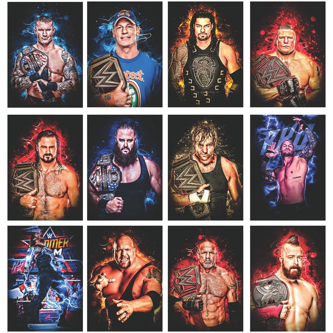 CVANU Set of 12 Wrestlers Picture Printed GYM Poster with Glue Dot Tape for Wall Decoration (11.6inchX8.2inch)_288