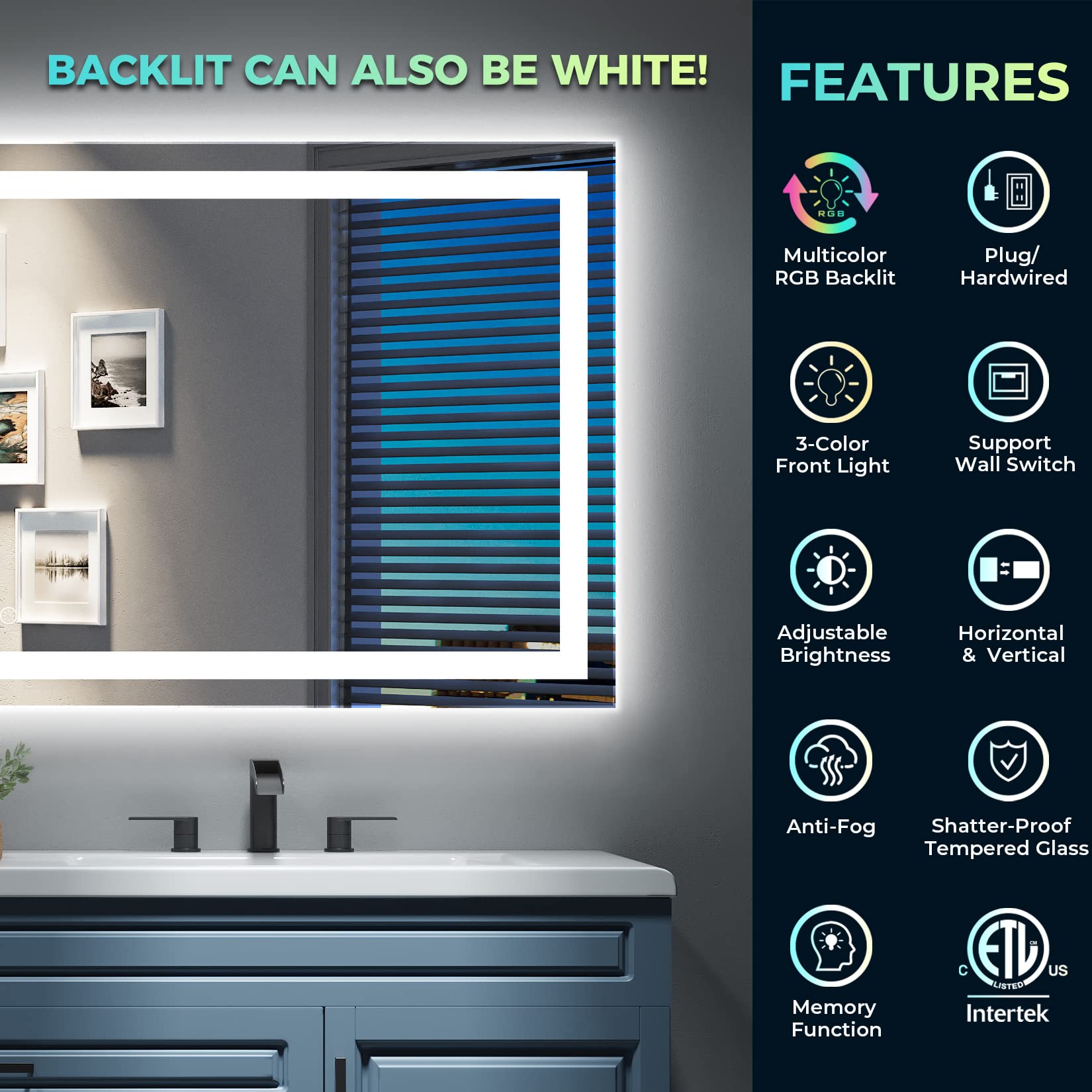 YEELAIT RGB LED Bathroom Mirror 36x28 Inch Front Light and RGB Backlit Lighted Vanity Mirror for Bathroom Wall Mounted Dimmable Anti Fog Memory Shatter-Proof IP54 Waterproof Horizontal/Vertical