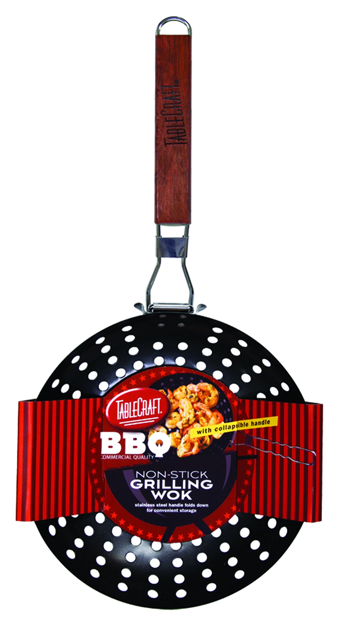 Tablecraft Bbq Nonstick Grill Wok With Wood Handle, Small, Steel
