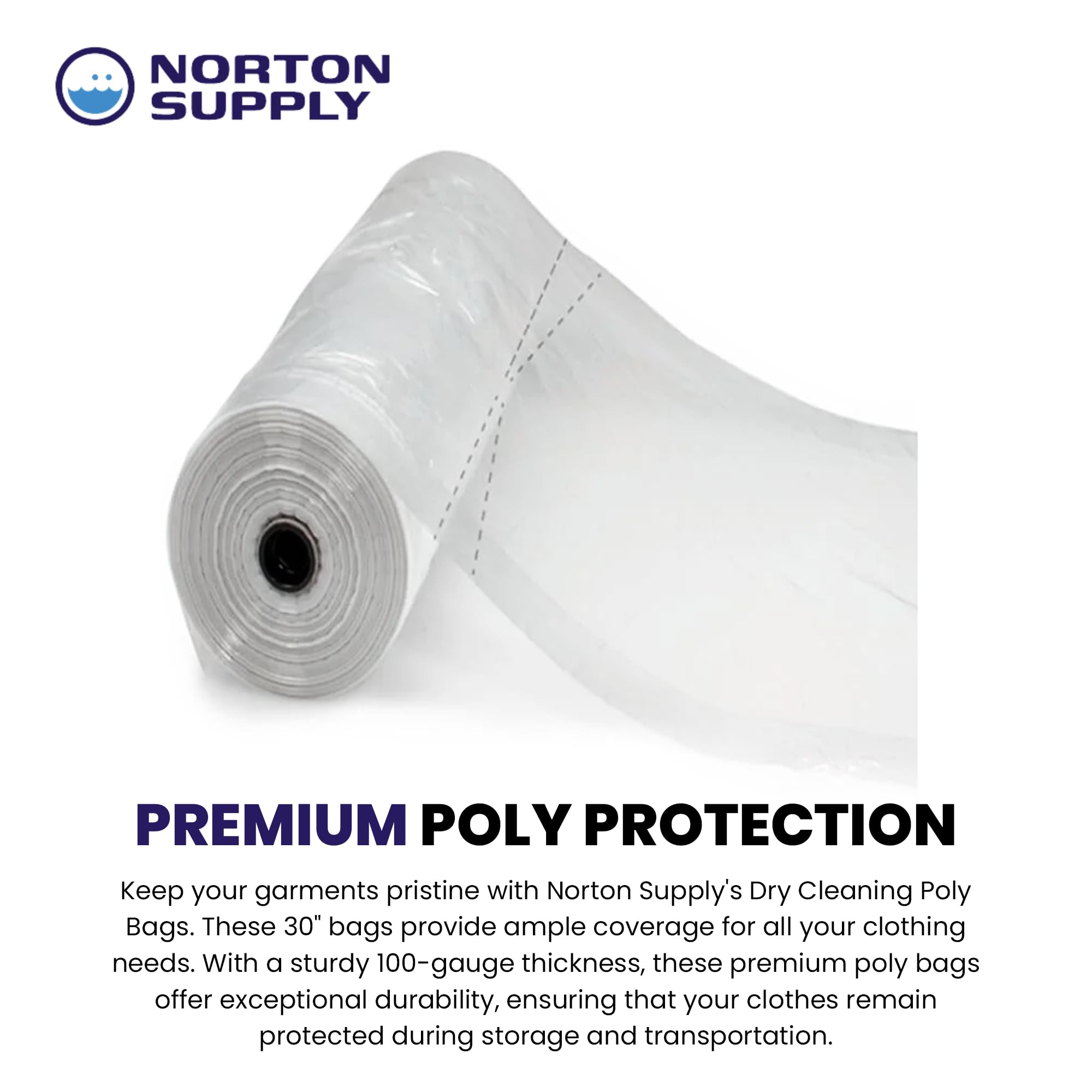 Norton Supply Dry Cleaning Poly Bags - Transparent Plastic Garment Cover, 30'' Long, 100 Gauge Thickness, Suit Packing, Travel &