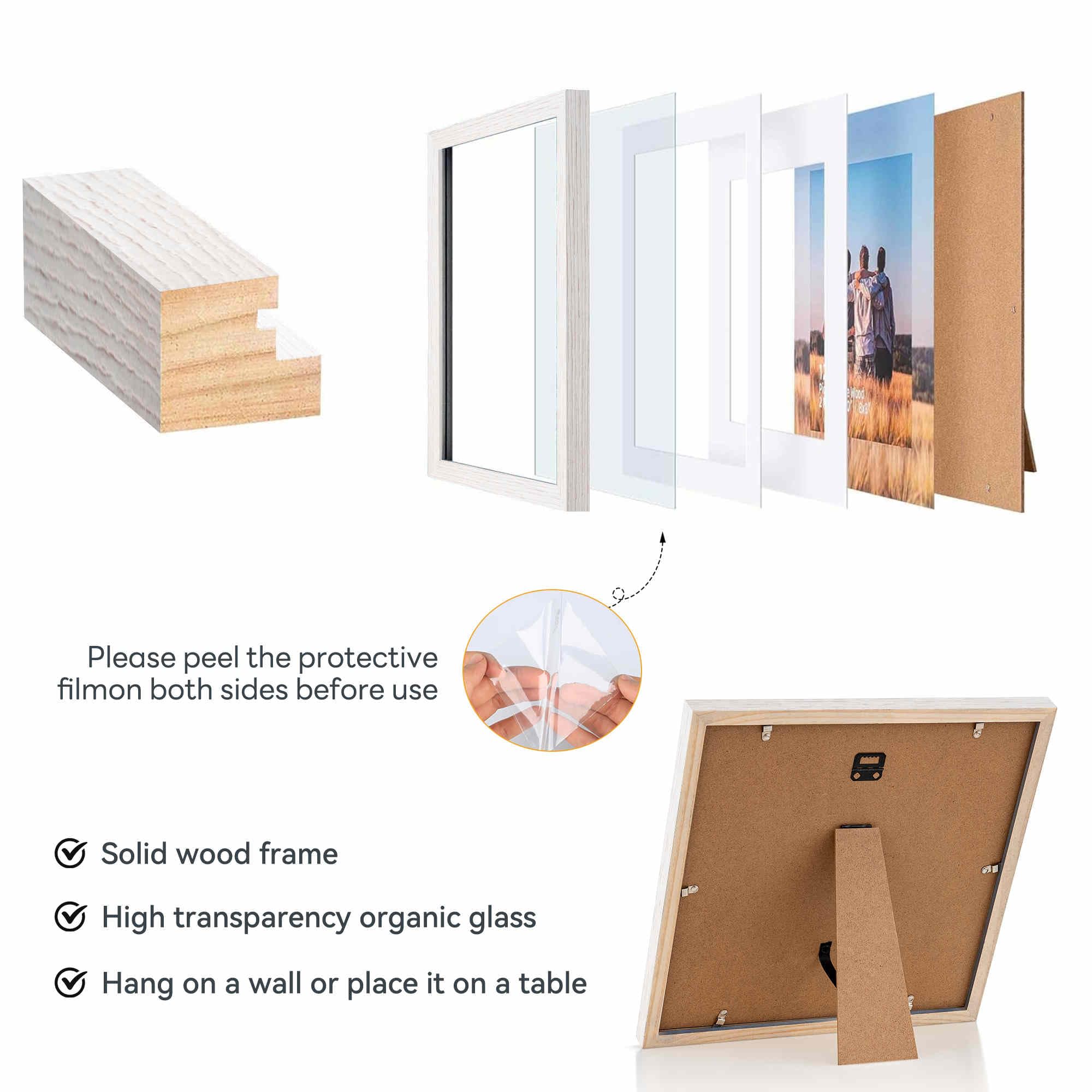 12x12 Picture Frame Set,Solid Wood,Not Glass,Display Pictures 8x8,10x10 with Mat or 12x12 Without Mat,Stable Sturdy Hanging Pict