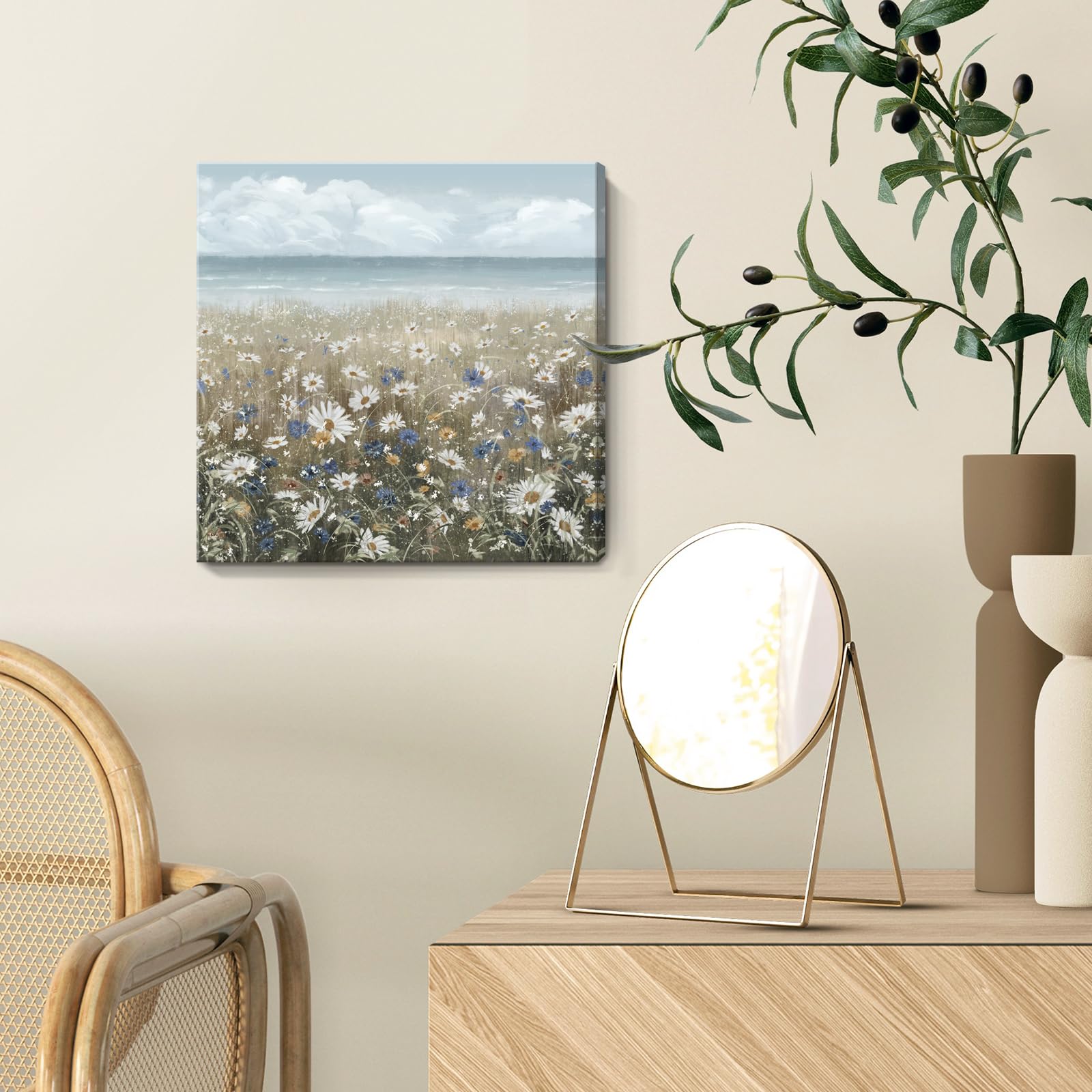 Canvas Wall Art Beach Floral Wall Picture Coastal Boho Farmhouse Daisy Flowers Nautical Sea Ocean Wildflowers Canvas Print Vinta