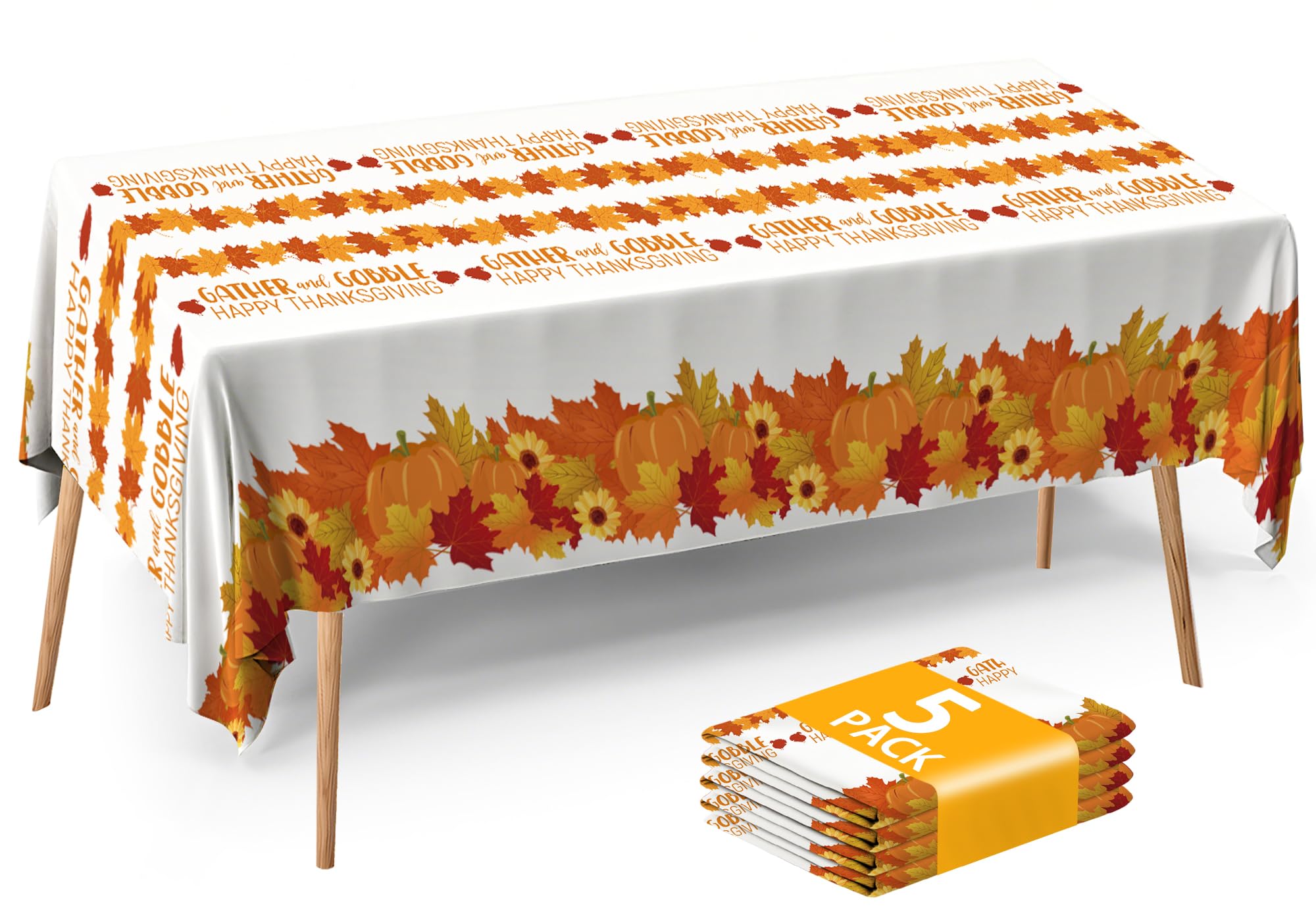 ATFUNSHOP Thanksgiving Tablecloth 5 Pack 54 X 108 Plastic Fall Table Cover Party Supplies Pumpkins Turkey Disposable Table Cloth