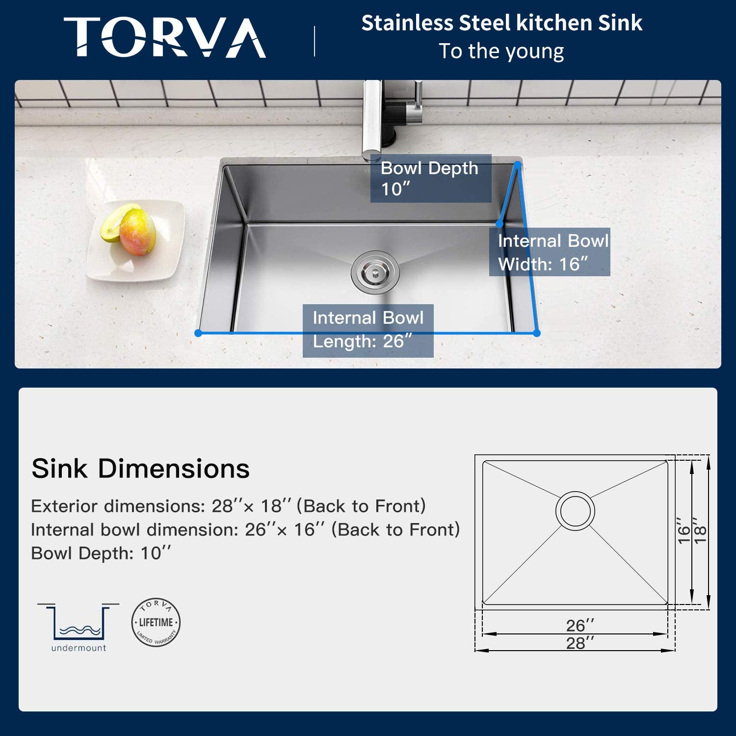 TORVA 28-inch Undermount Kitchen Sink  16 Gauge Stainless Steel Single Bowl - 10 Inches Deep Basin