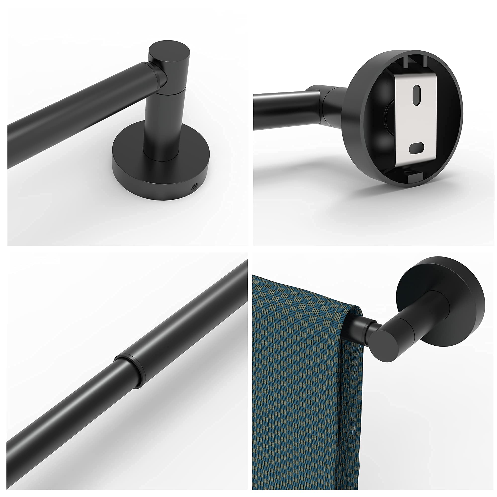 Ruacq Adjustable Towel Bar Black 13.7 To 24 Inch Bathroom Black Single Towel Bar Stainless Steel Modern Wall Mounted Round Towel