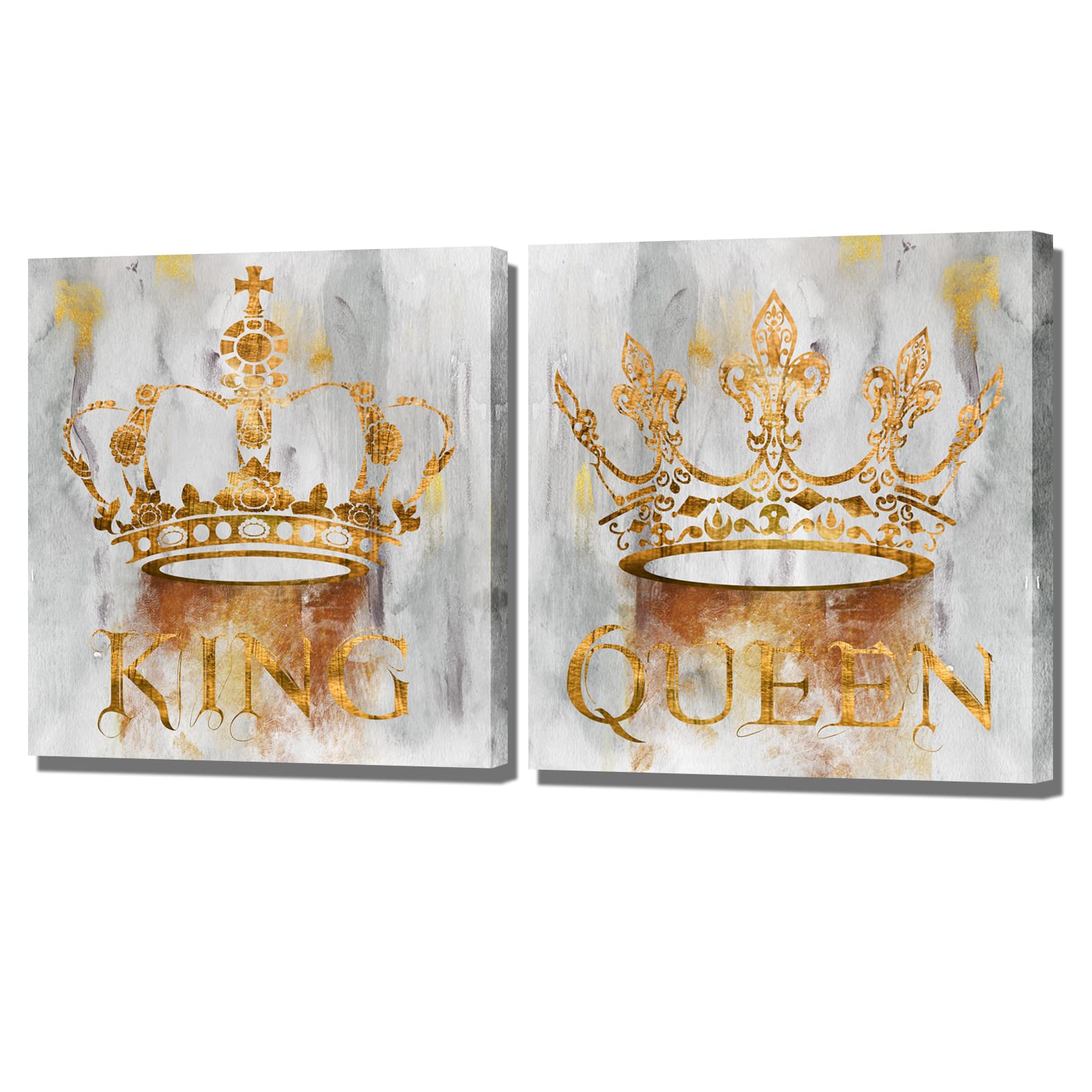 Sechars King And Queen Canvas Wall Art Crown Painting Prints Gold And Grey Bedroom Decoration Couples Annivesary Wedding Gifts 2