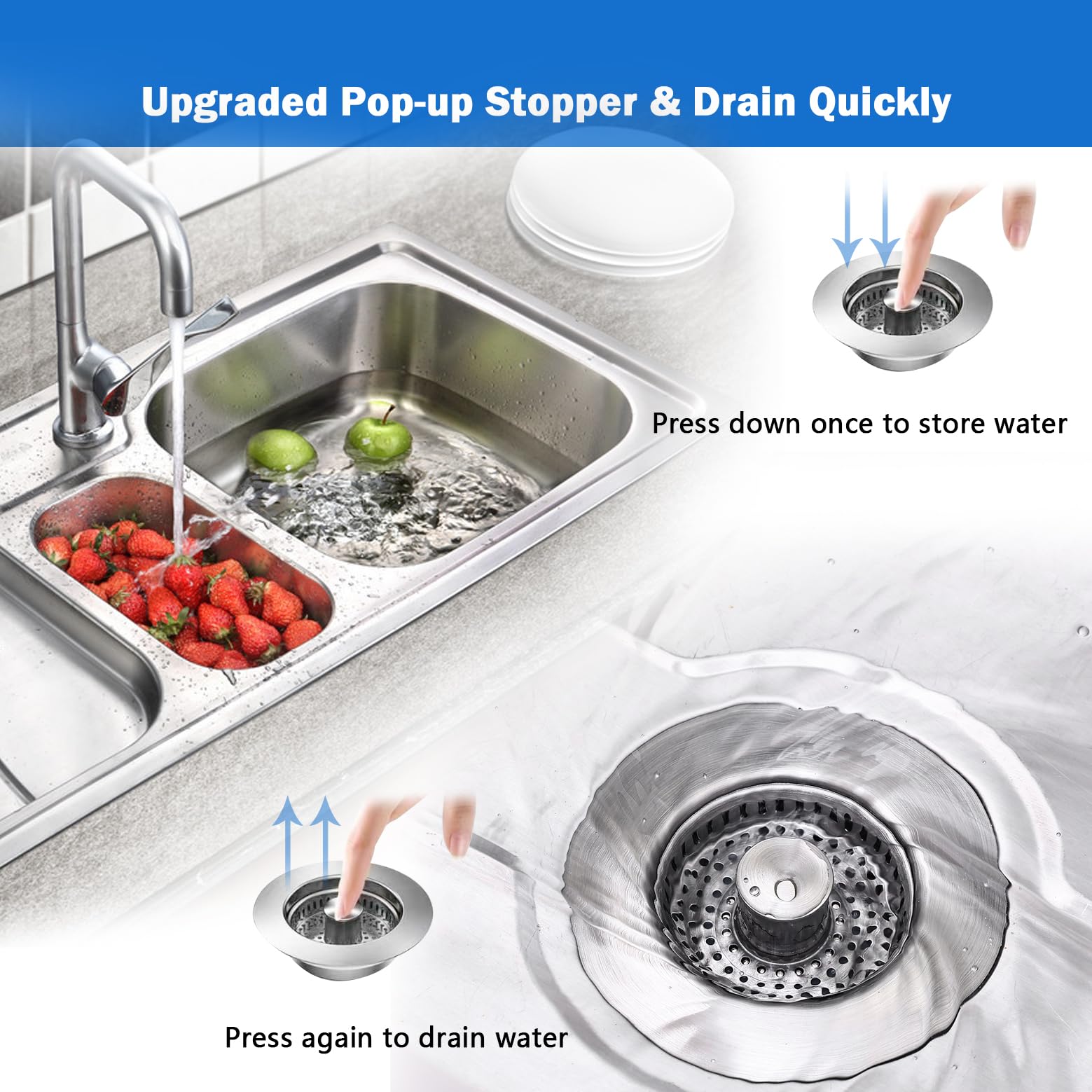 Yonisun 2Pcs Upgraded 3 In 1 Kitchen Sink Drain Strainer,Anti-Clogging Sink Food Catcher Basket, Stainless Steel Pop-Up Kitchen