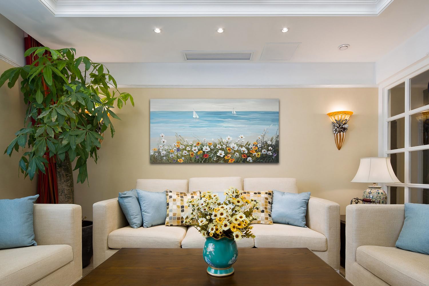 Ardemy Blue Coastal Wall Art Ocean Canvas Flowers Daisy Painting Landscape Sailboat Picture White Yellow Artwork Modern Seascape