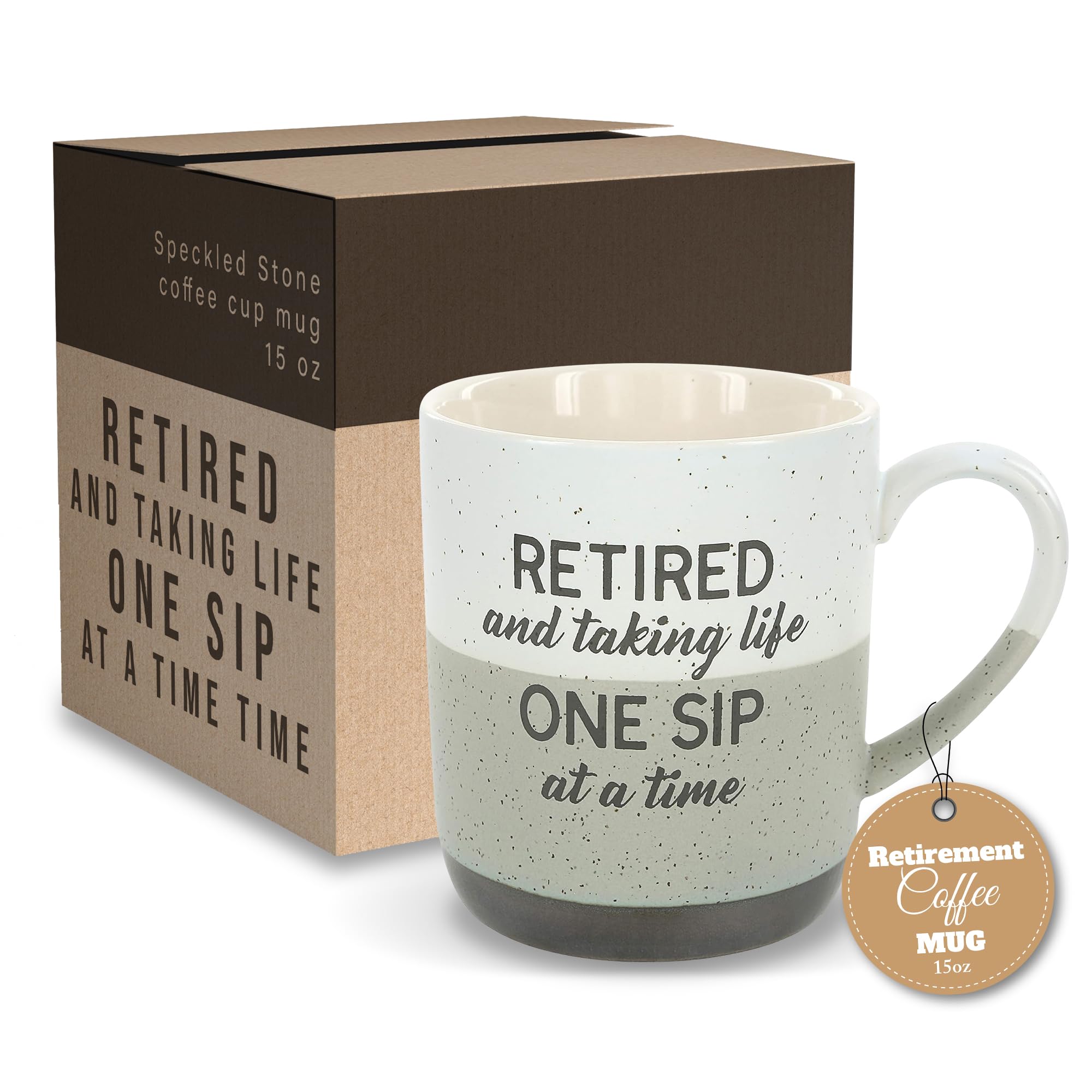 Pavilion Retirement Coffee Mug - Retired & Taking Life One Sip at a Time Text Design - Speckled Stoneware Coffee Cup for Retiree